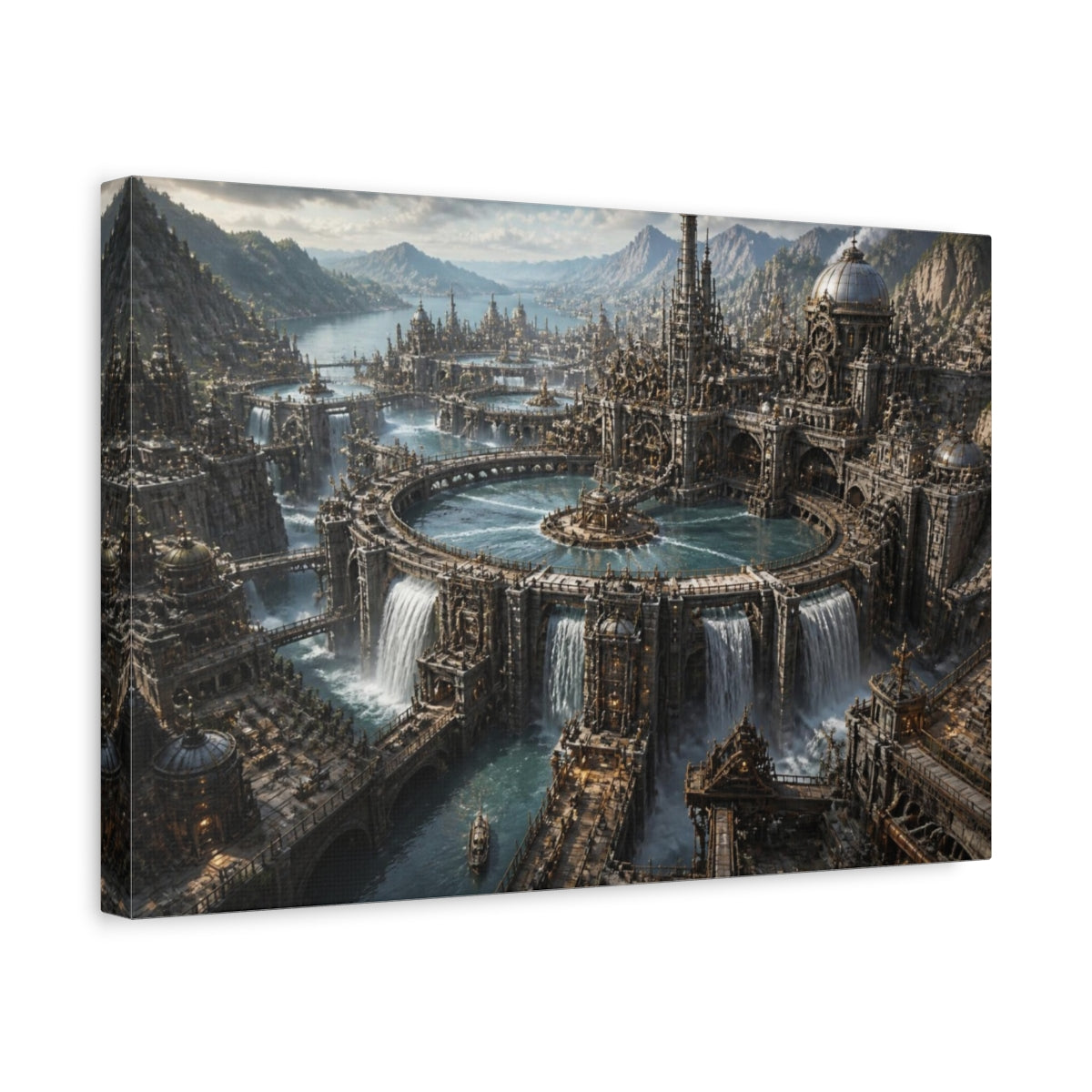 Side Mockup 4. Mechanical Water Citadel shown as canvas print