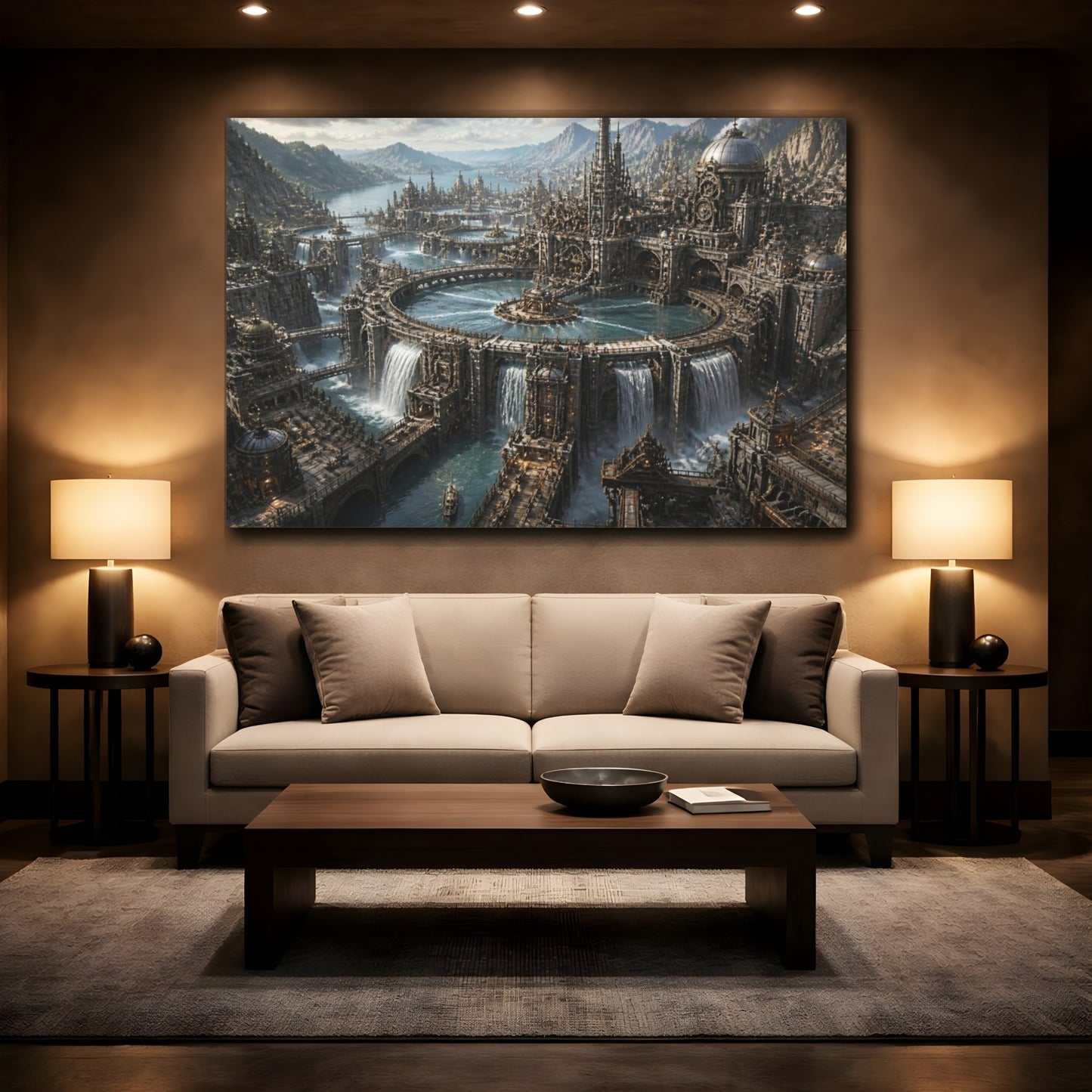 Mockup 2. Mechanical Water Citadel shown as canvas print