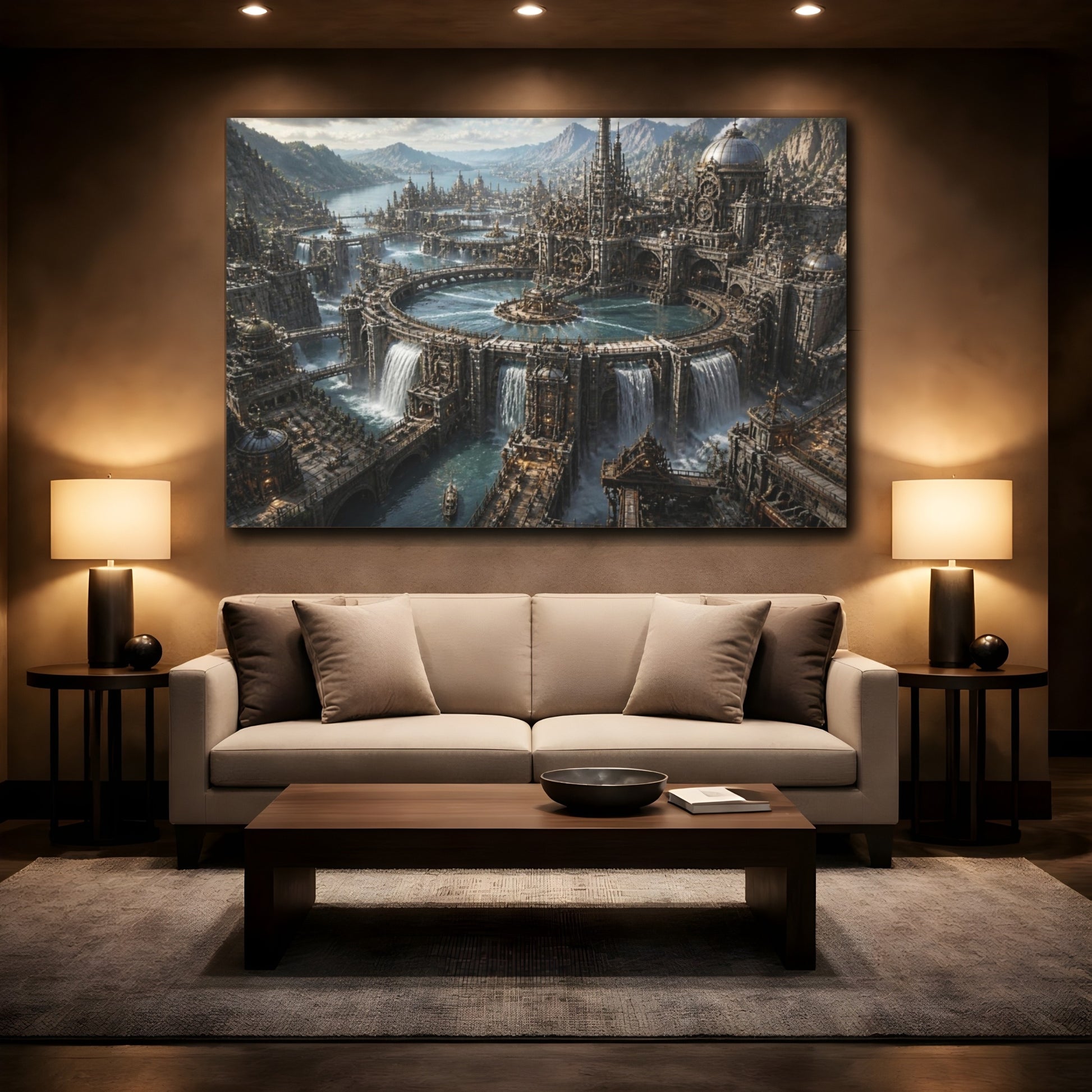 Mockup 2. Mechanical Water Citadel shown as canvas print