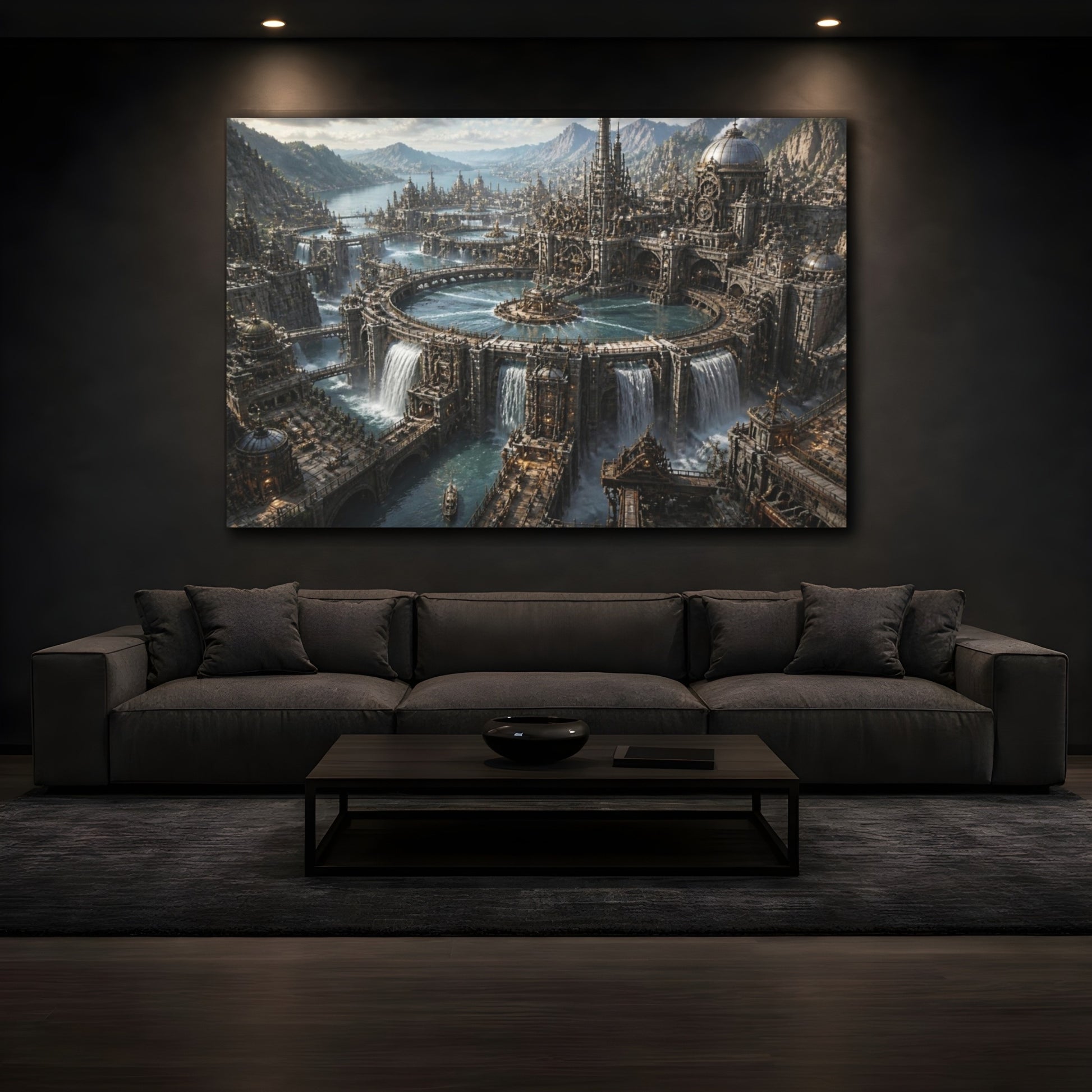 Mockup 3. Mechanical Water Citadel shown as canvas print
