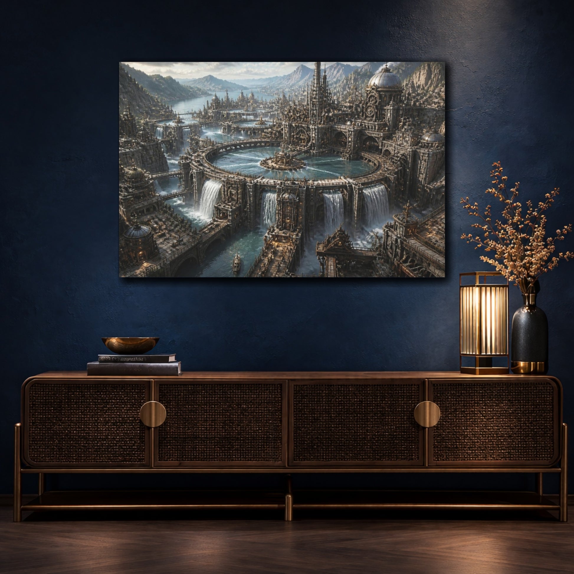 Mockup 4. Mechanical Water Citadel shown as canvas print
