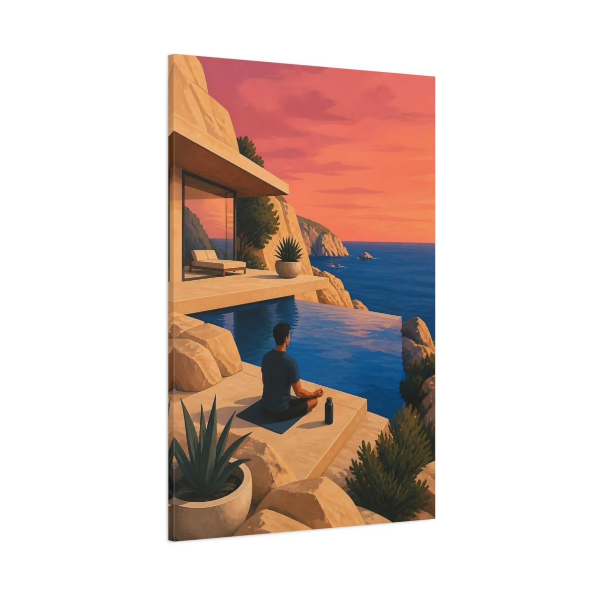 Side Mockup 1. Meditating Man At Sunset shown as canvas print