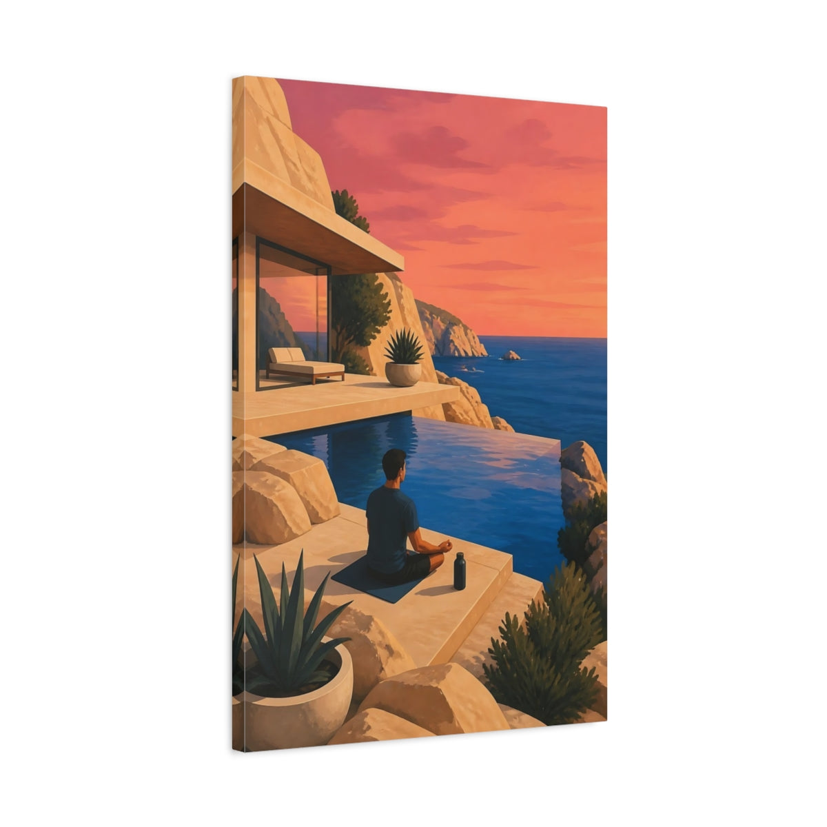Side Mockup 2. Meditating Man At Sunset shown as canvas print