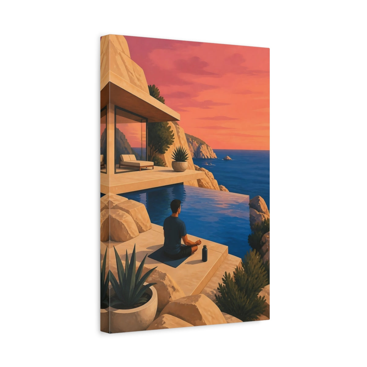 Side Mockup 4. Meditating Man At Sunset shown as canvas print