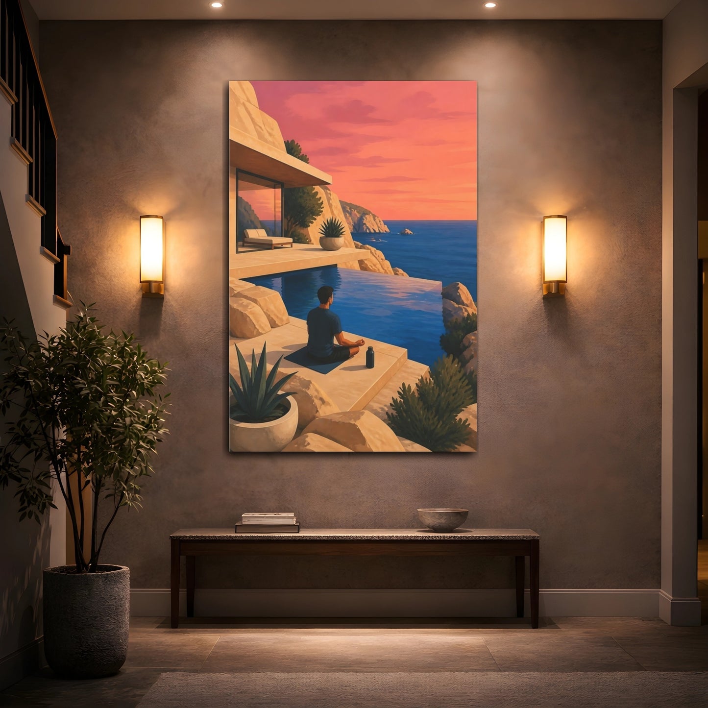 Mockup 2. Meditating Man At Sunset shown as canvas print