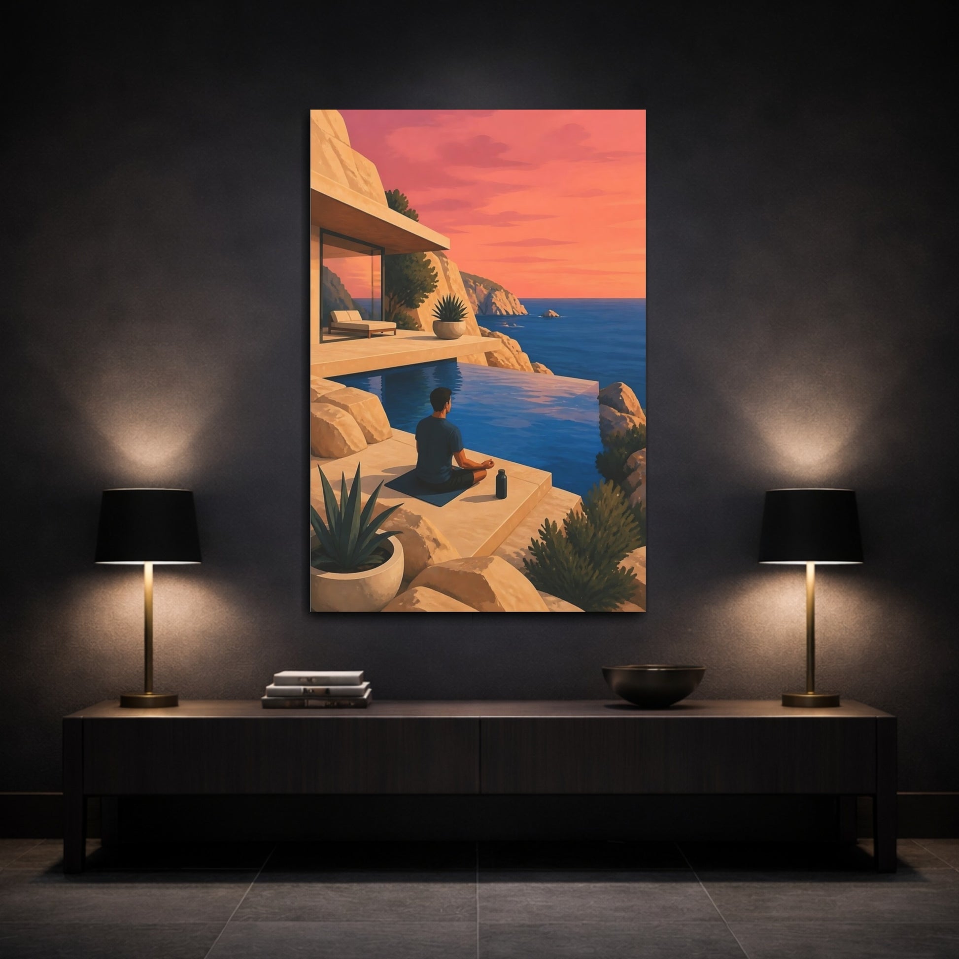 Mockup 3. Meditating Man At Sunset shown as canvas print