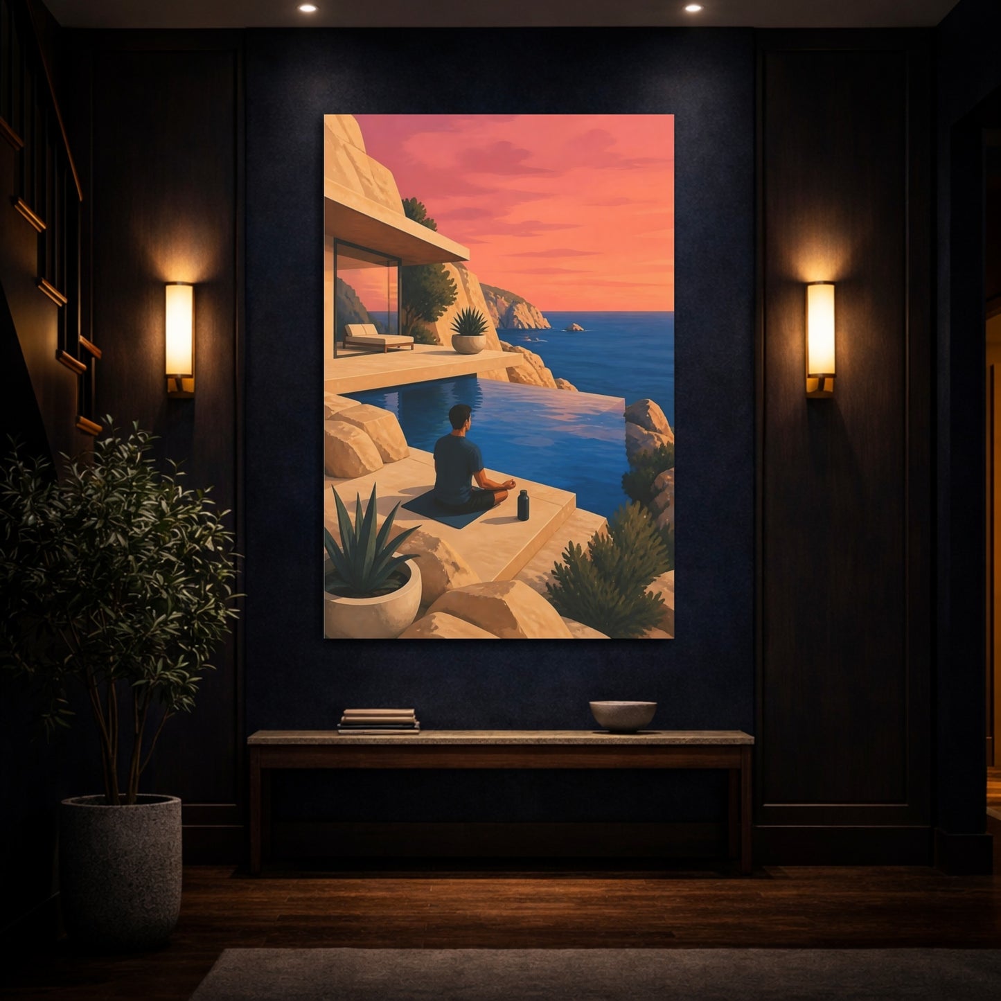 Mockup 4. Meditating Man At Sunset shown as canvas print