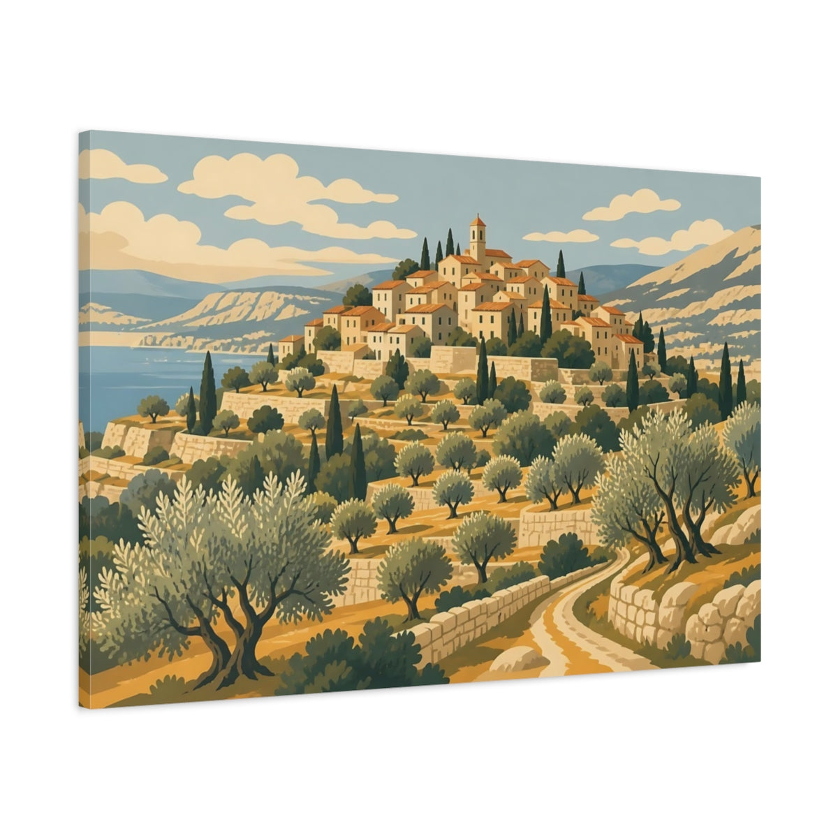 Main Mockup. Mediterranean Hill Village shown as canvas print
