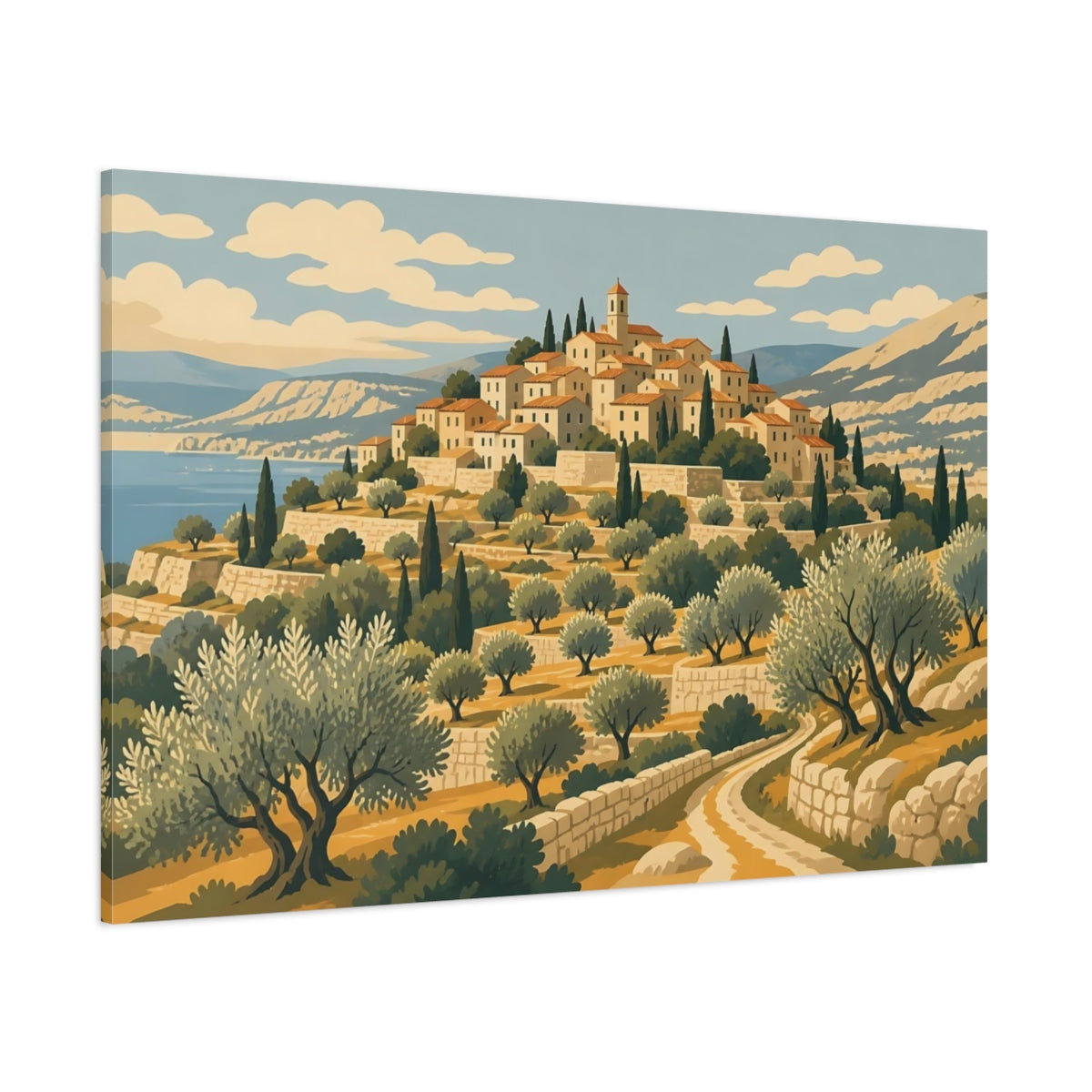 Side Mockup 1. Mediterranean Hill Village shown as canvas print
