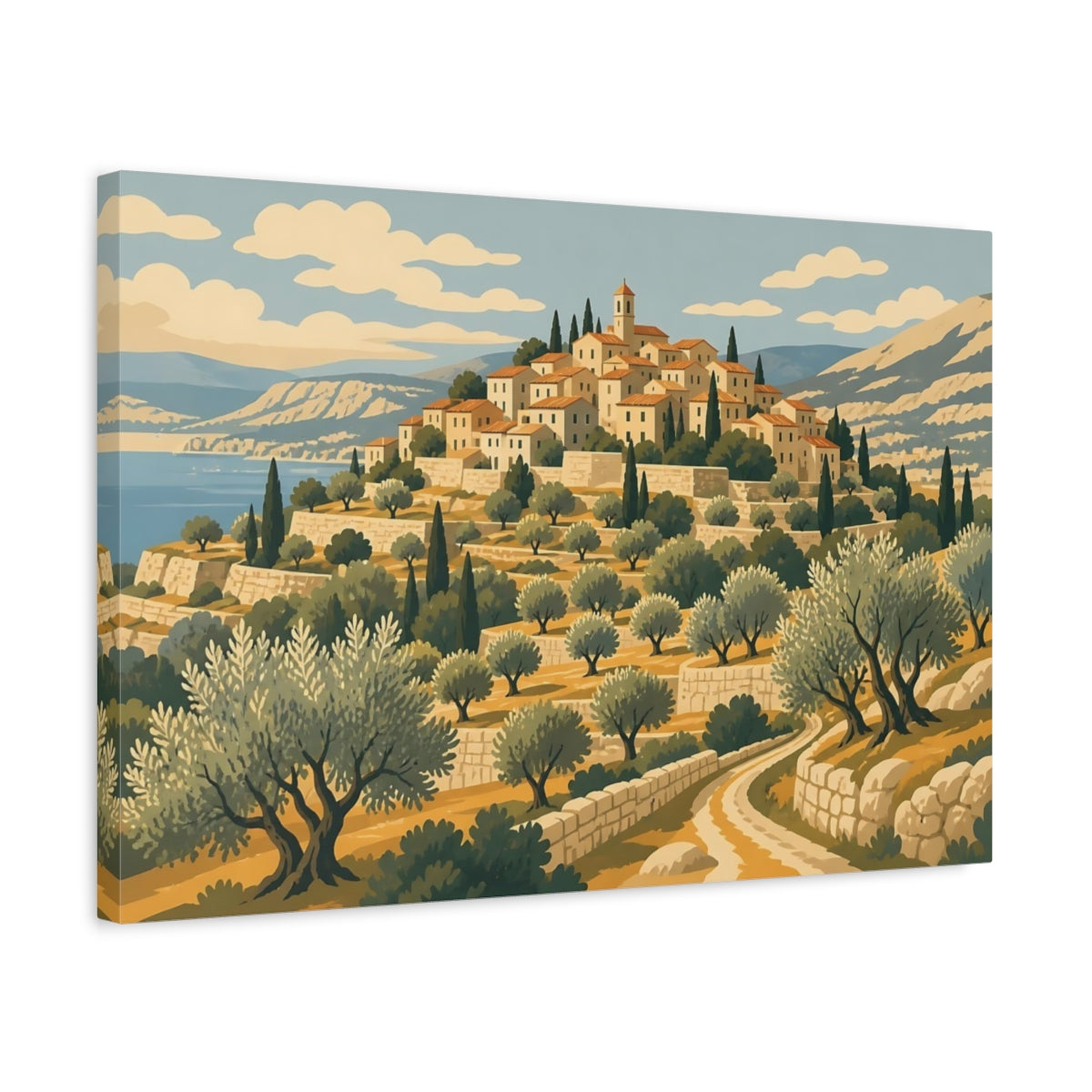 Side Mockup 3. Mediterranean Hill Village shown as canvas print