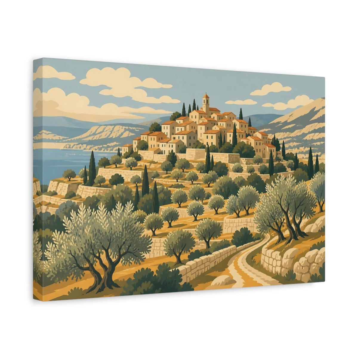 Side Mockup 4. Mediterranean Hill Village shown as canvas print