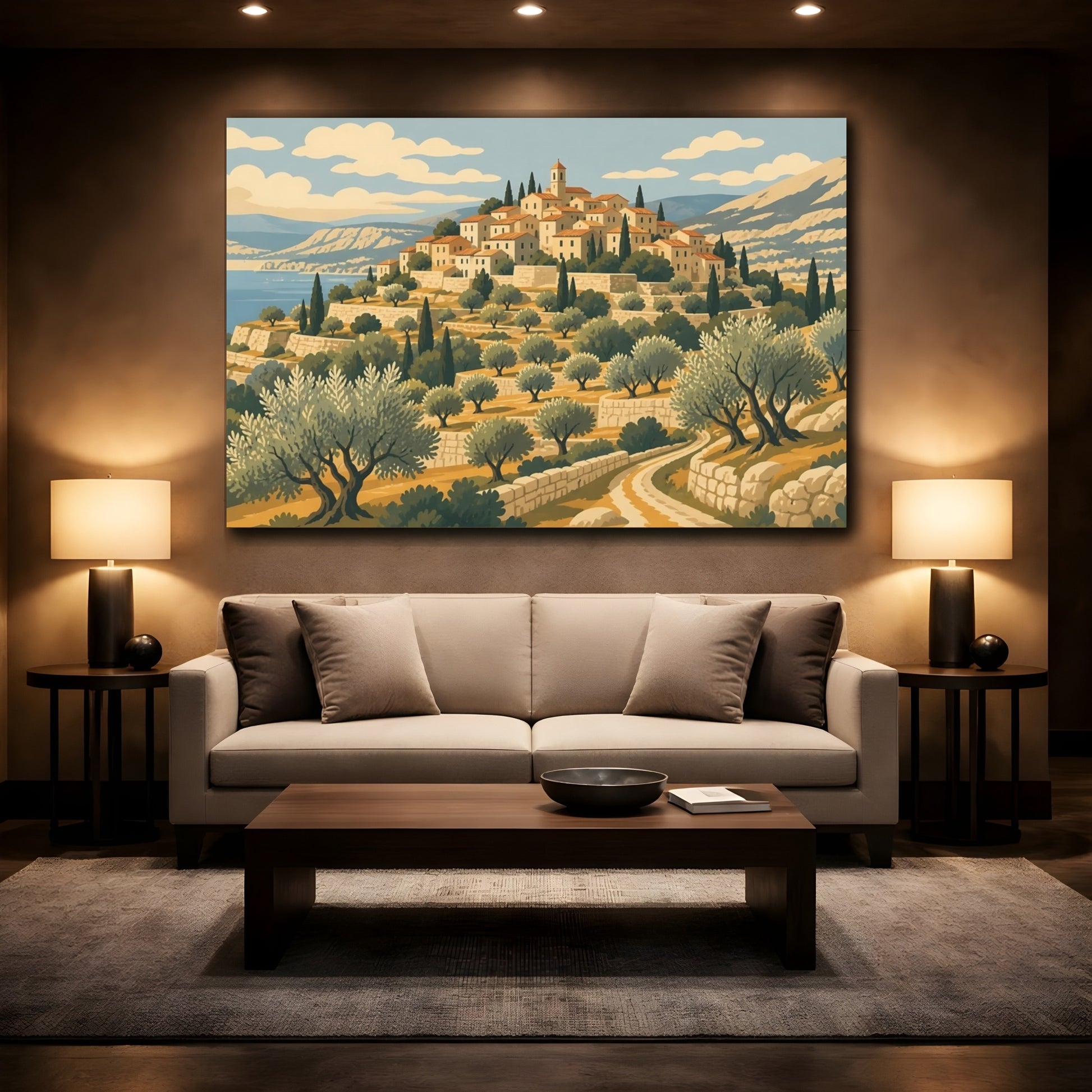 Mockup 2. Mediterranean Hill Village shown as canvas print