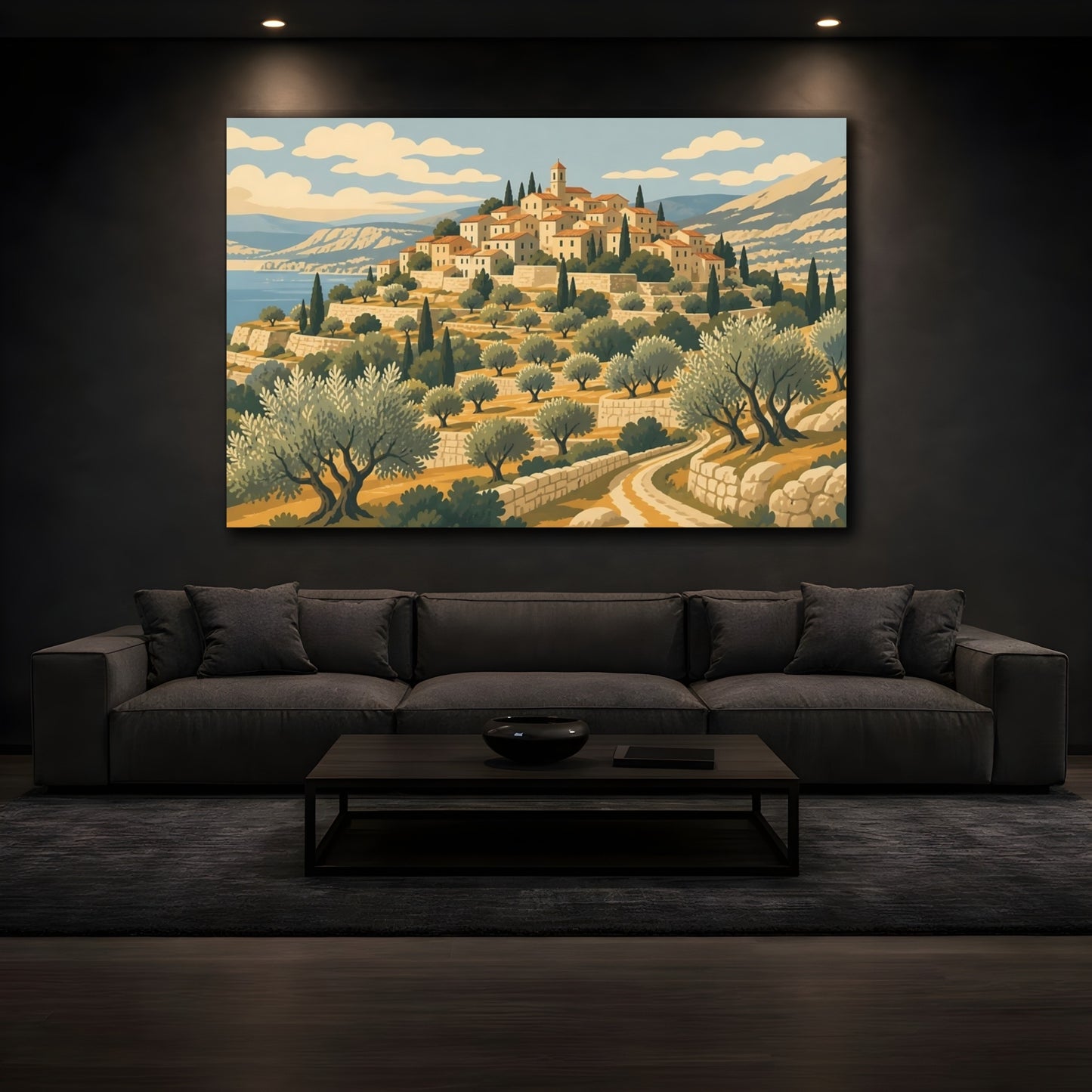 Mockup 3. Mediterranean Hill Village shown as canvas print
