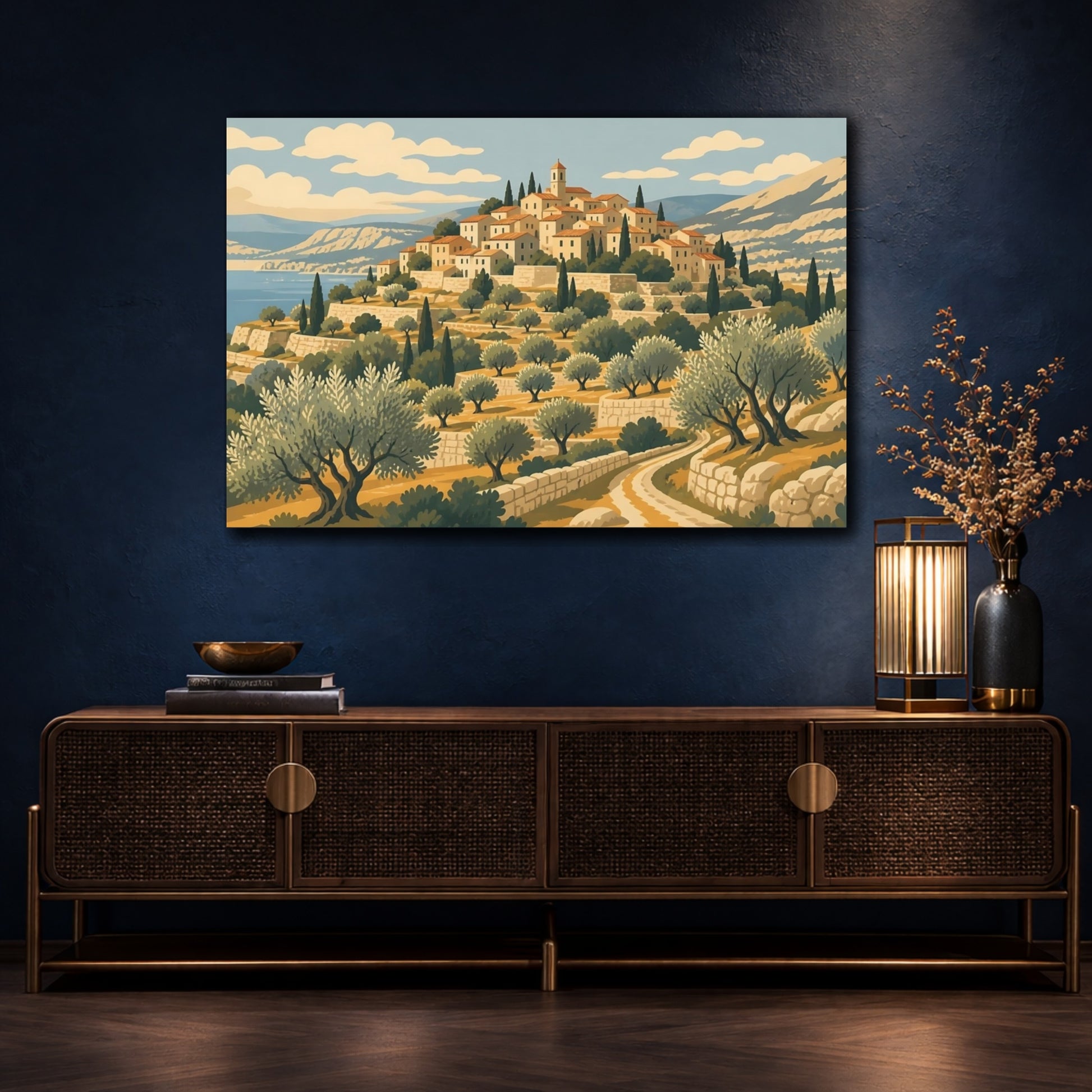 Mockup 4. Mediterranean Hill Village shown as canvas print