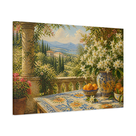 Main Mockup. Mediterranean Orange Blossom Terrace shown as canvas print