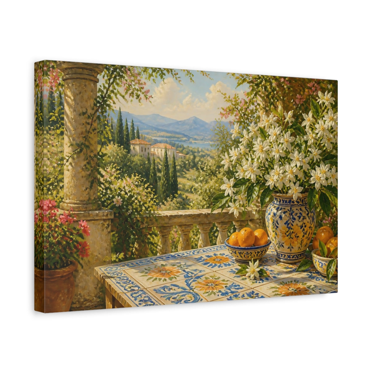Side Mockup 4. Mediterranean Orange Blossom Terrace shown as canvas print