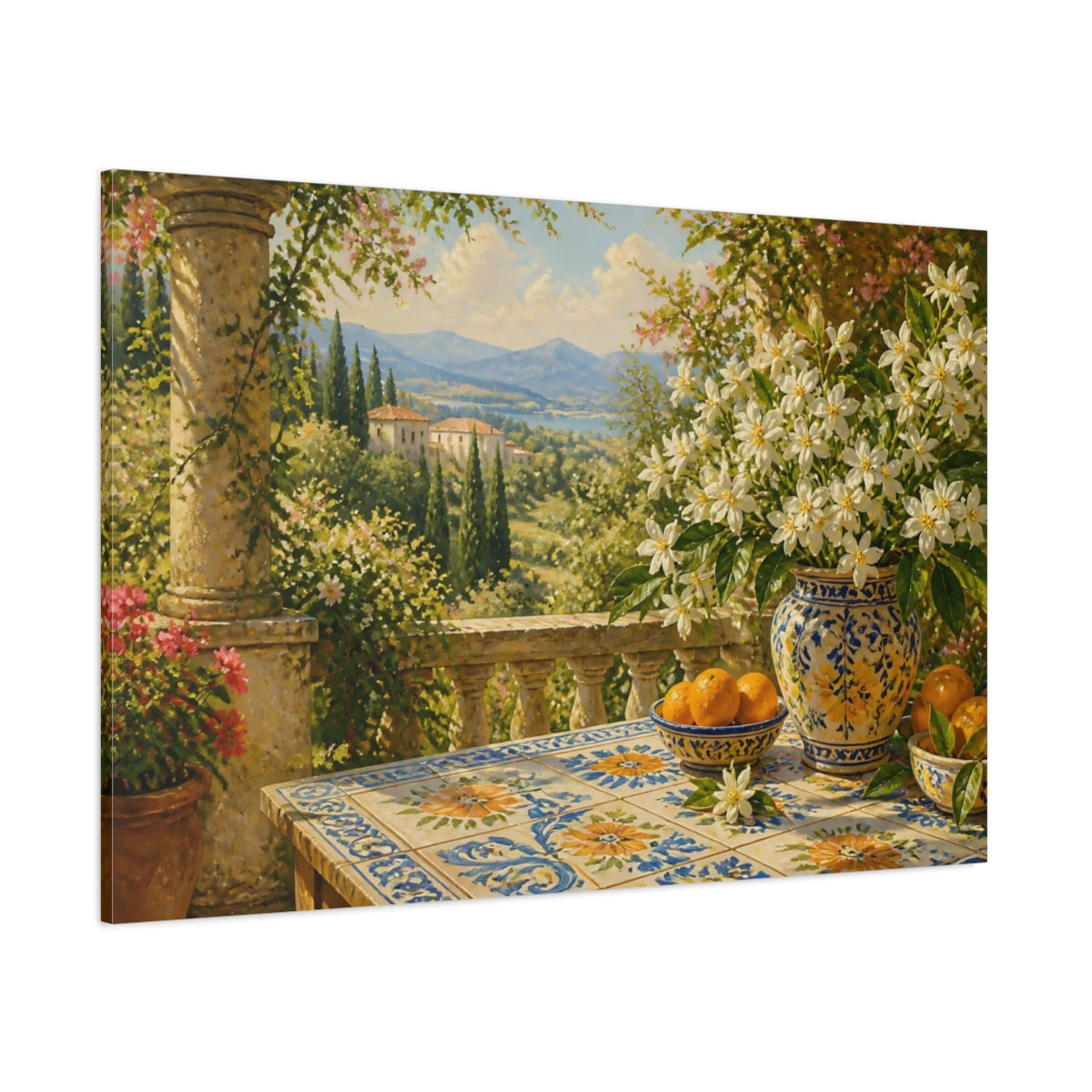 Side Mockup 1. Mediterranean Orange Blossom Terrace shown as canvas print