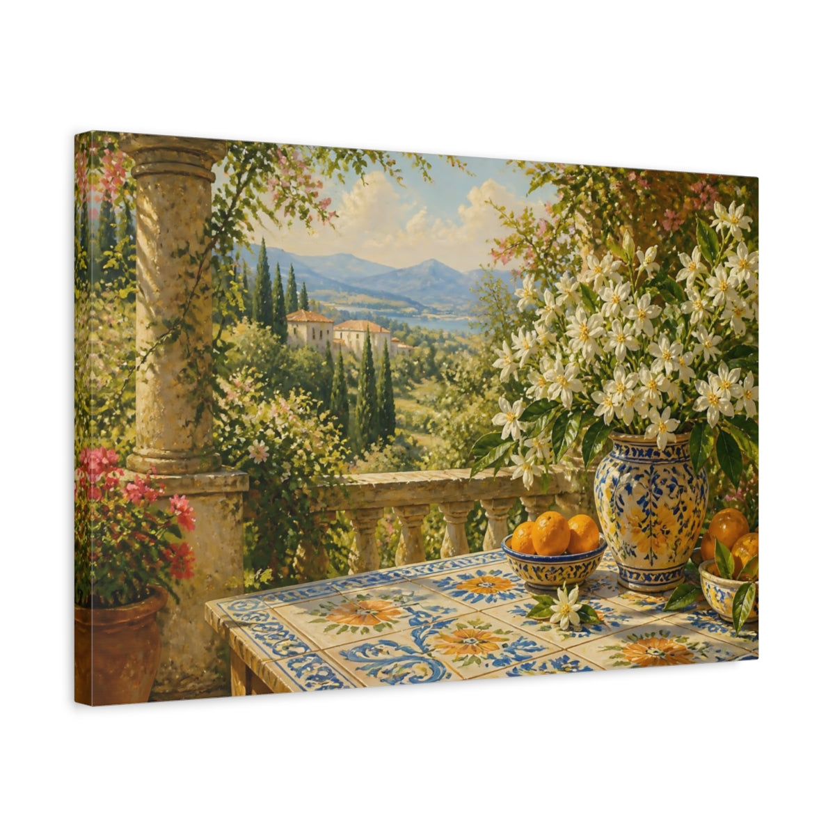 Side Mockup 3. Mediterranean Orange Blossom Terrace shown as canvas print