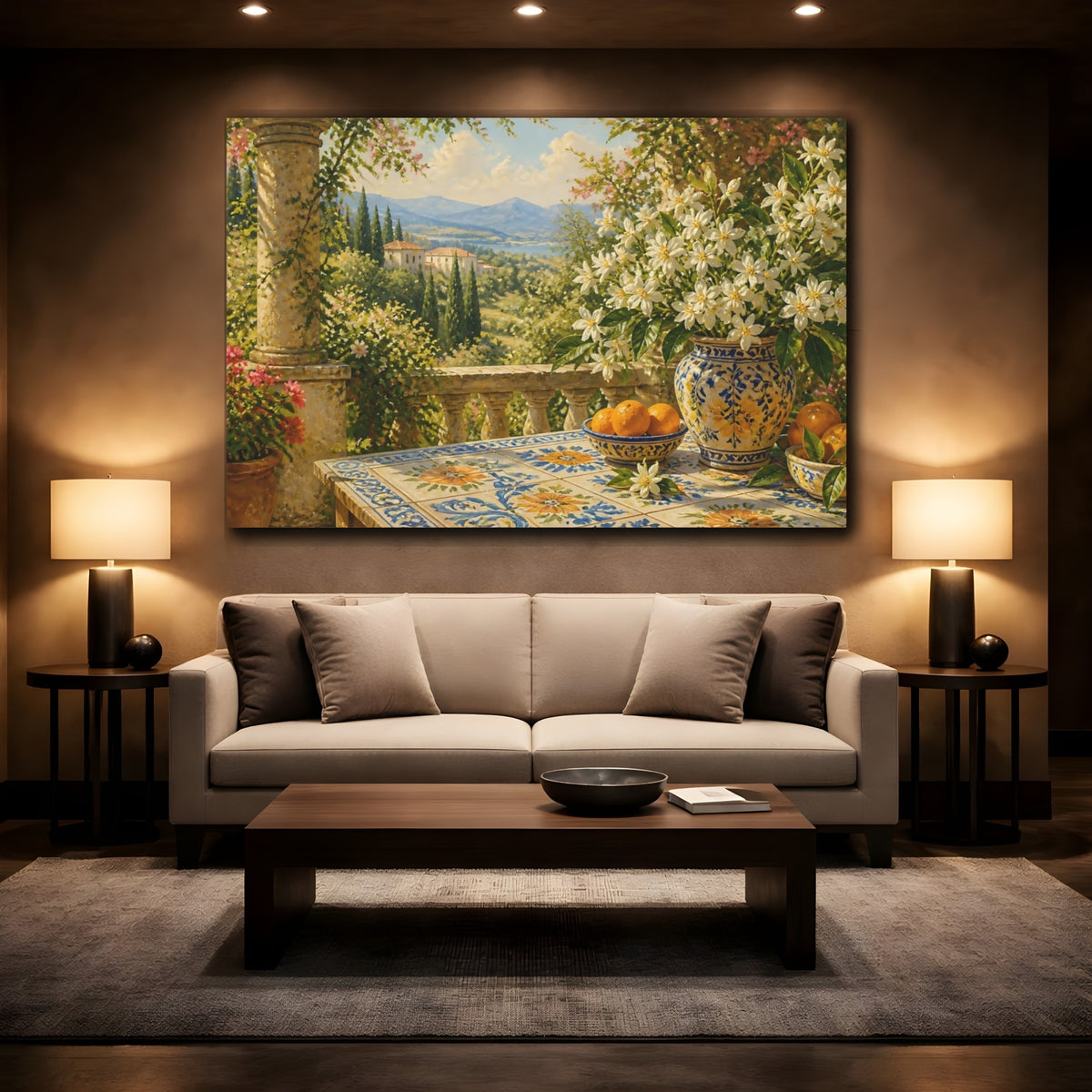 Mockup 2. Mediterranean Orange Blossom Terrace shown as canvas print