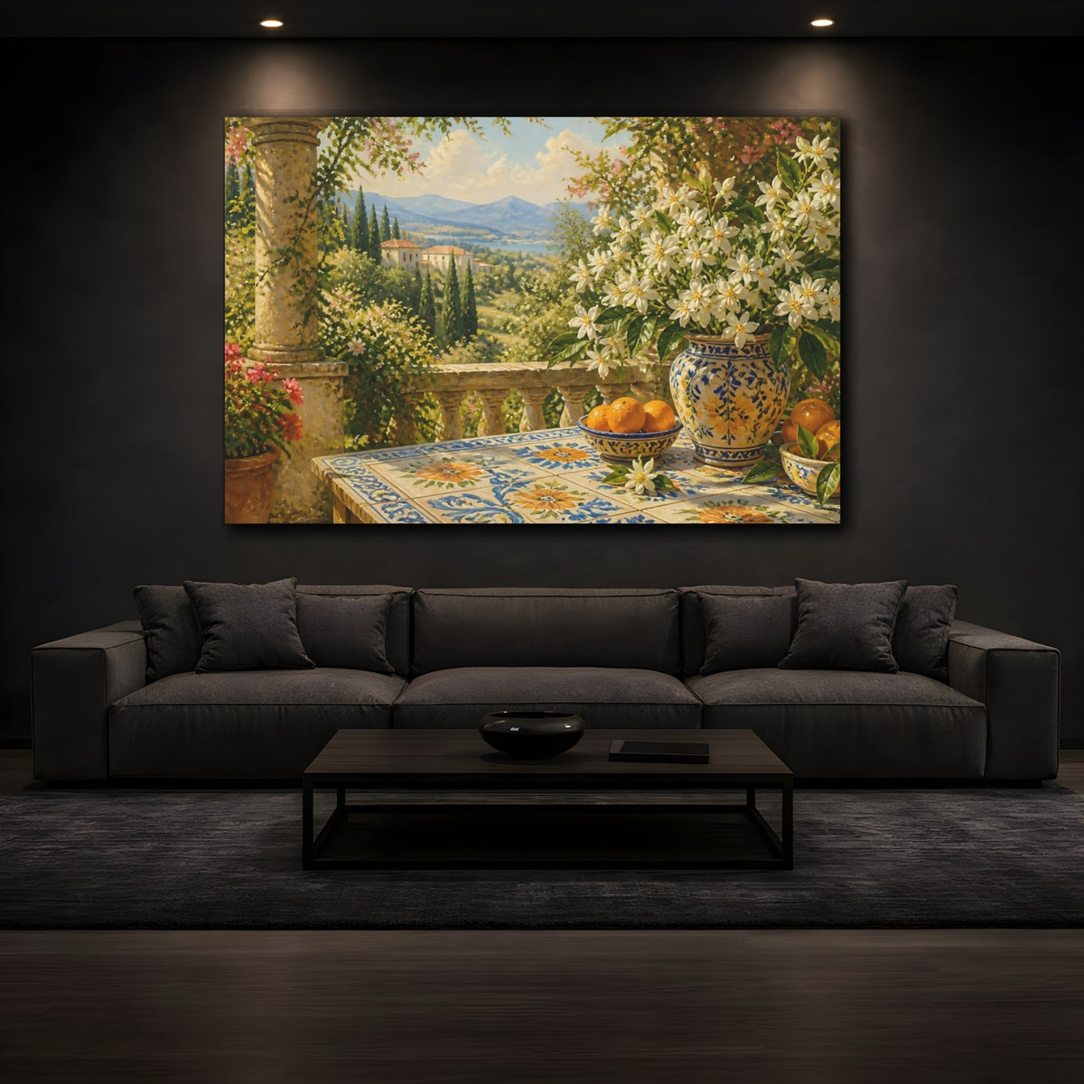 Mockup 3. Mediterranean Orange Blossom Terrace shown as canvas print