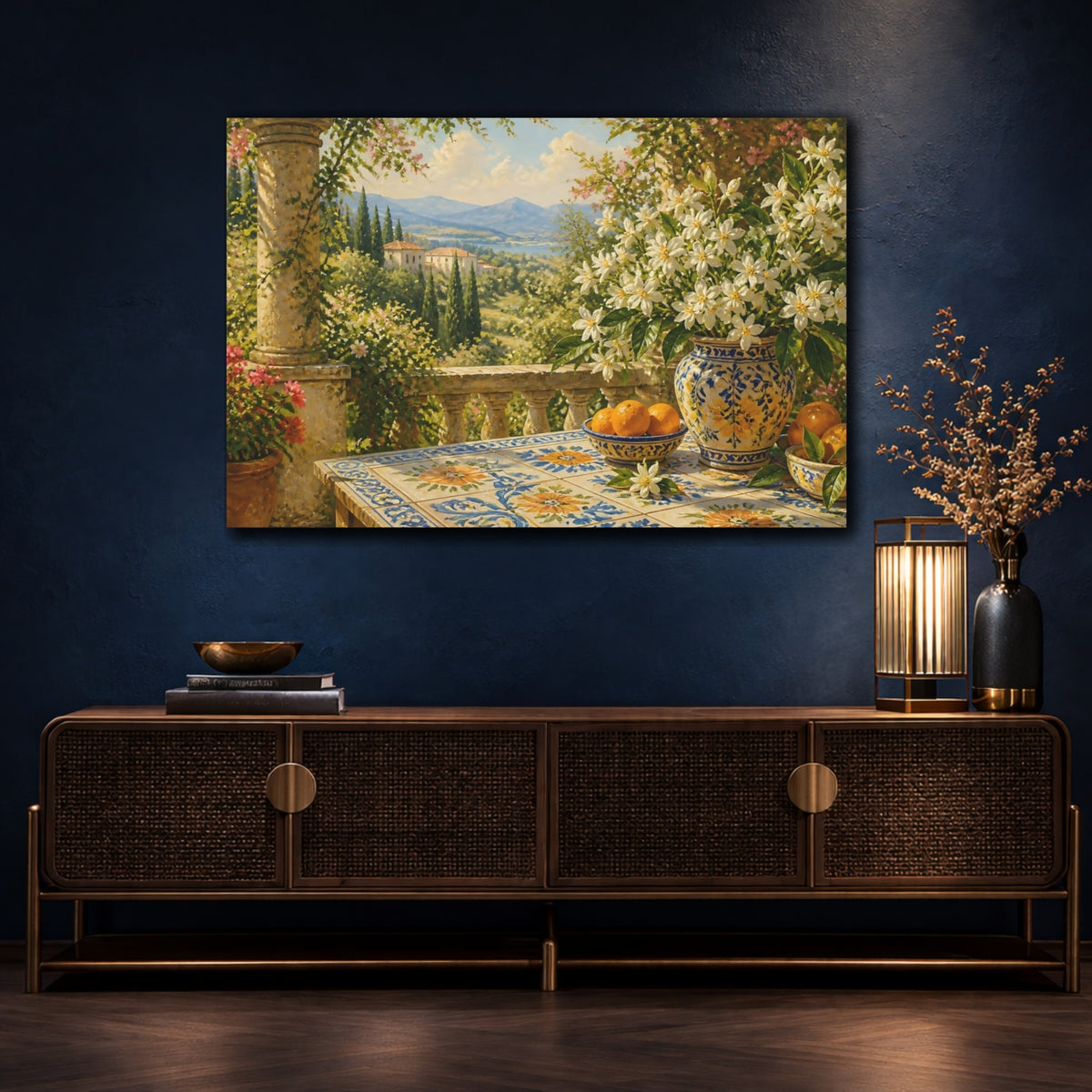 Mockup 4. Mediterranean Orange Blossom Terrace shown as canvas print