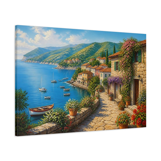 Main Mockup. Mediterranean Seaside Village shown as canvas print
