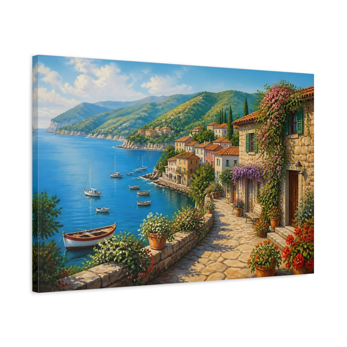 Side Mockup 2. Mediterranean Seaside Village shown as canvas print