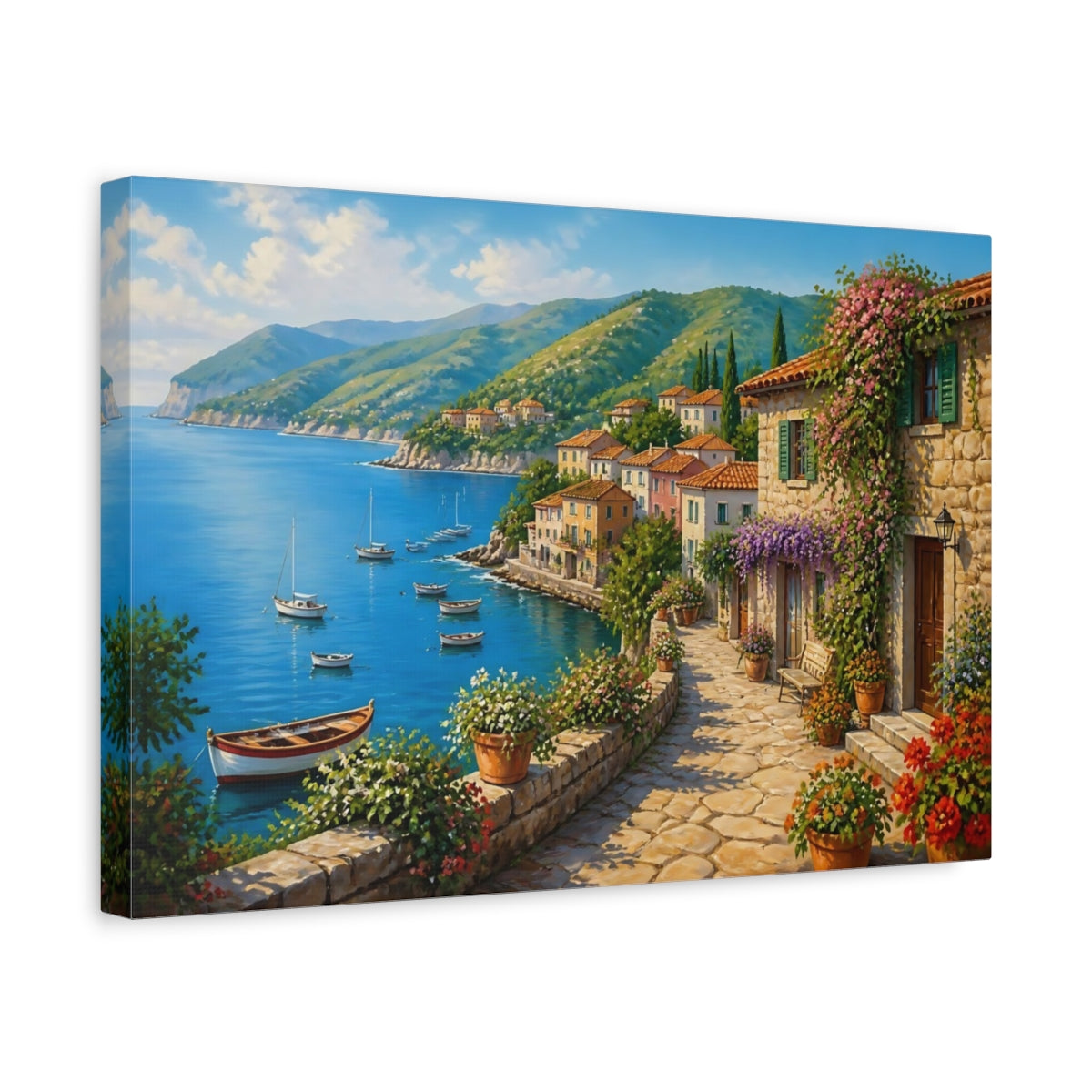 Side Mockup 4. Mediterranean Seaside Village shown as canvas print