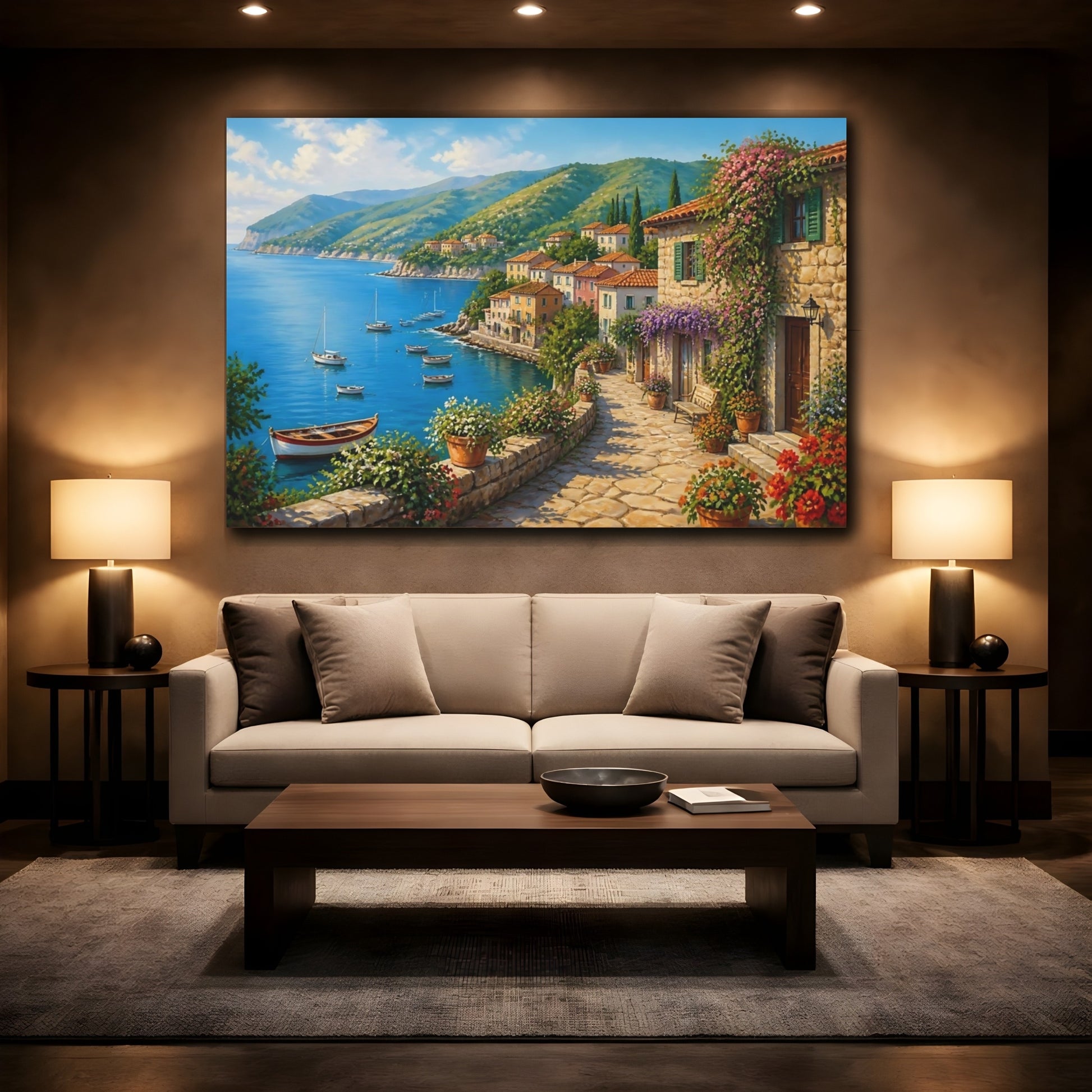 Mockup 2. Mediterranean Seaside Village shown as canvas print