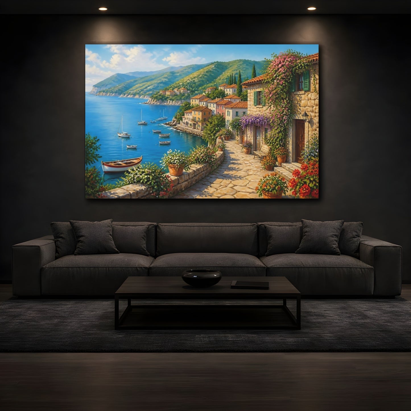 Mockup 3. Mediterranean Seaside Village shown as canvas print