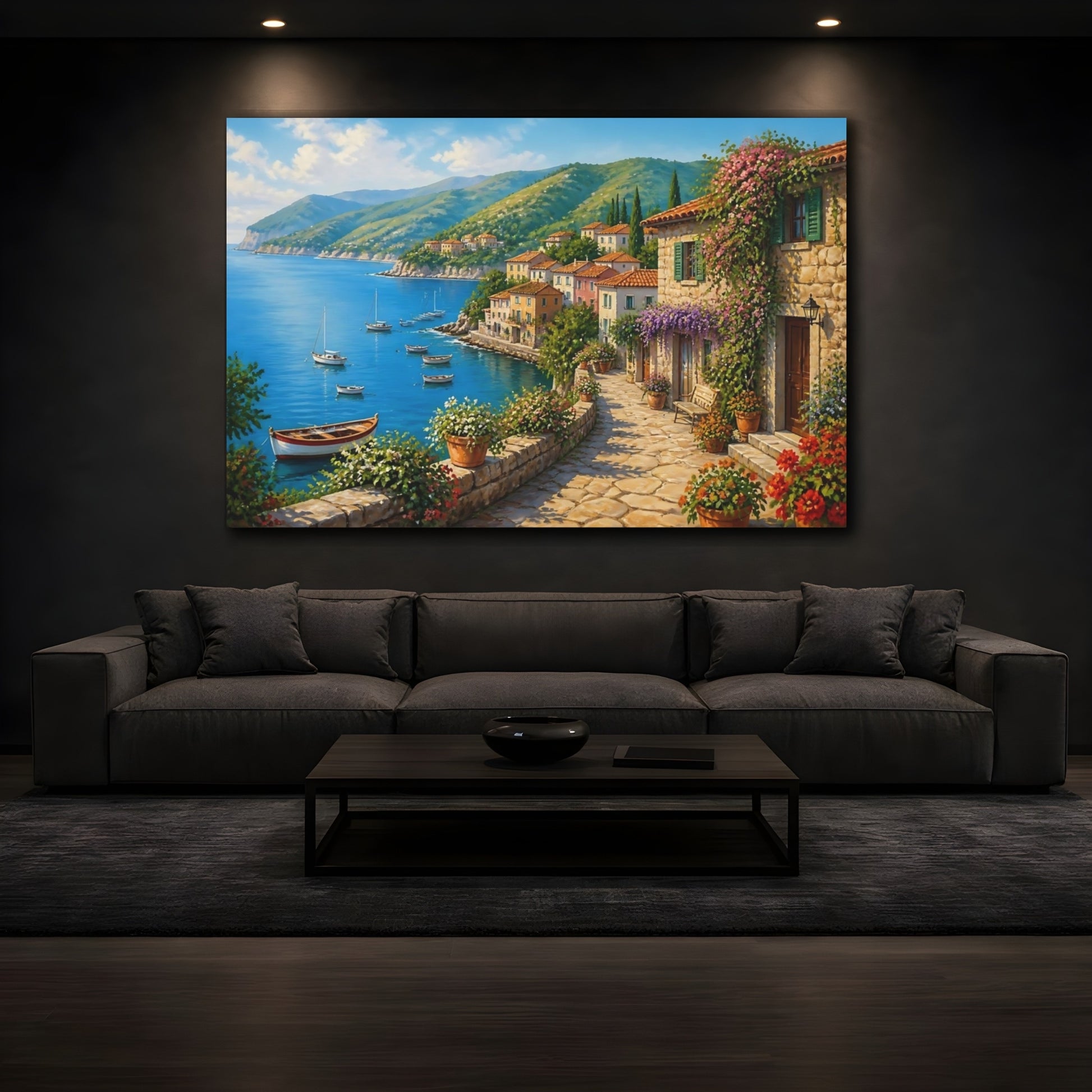 Mockup 3. Mediterranean Seaside Village shown as canvas print