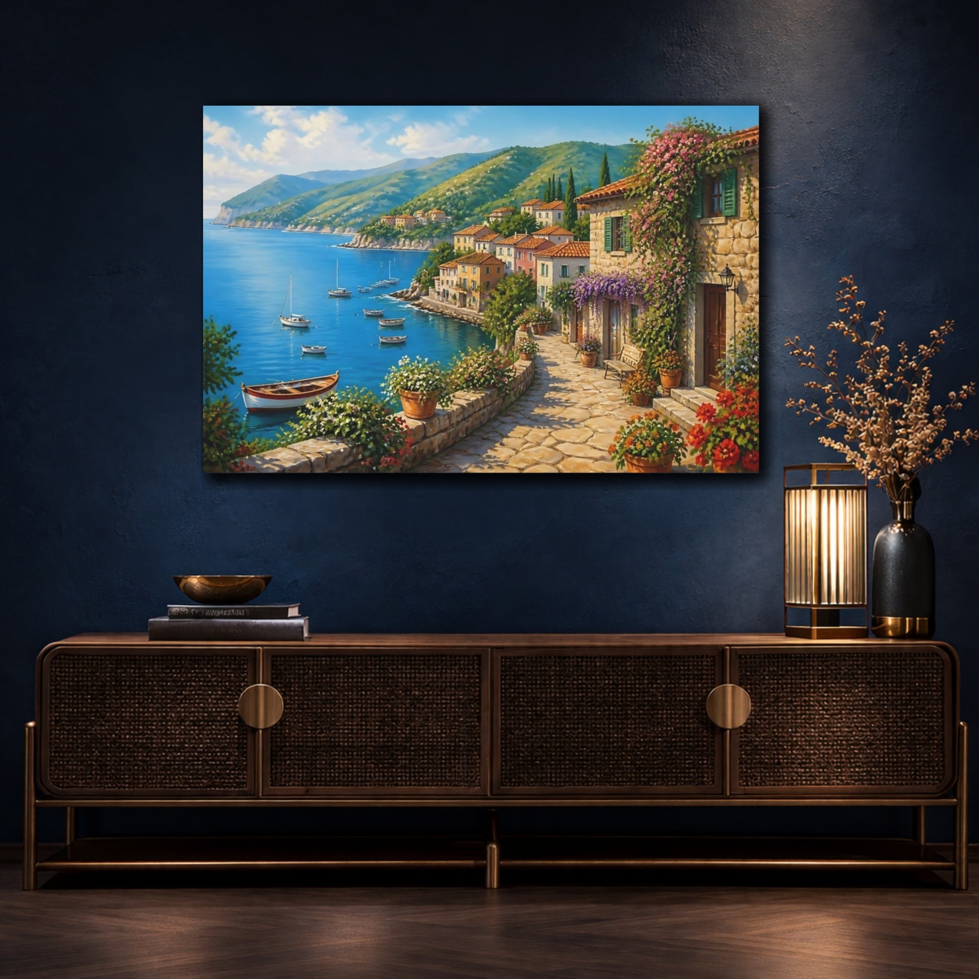 Mockup 4. Mediterranean Seaside Village shown as canvas print