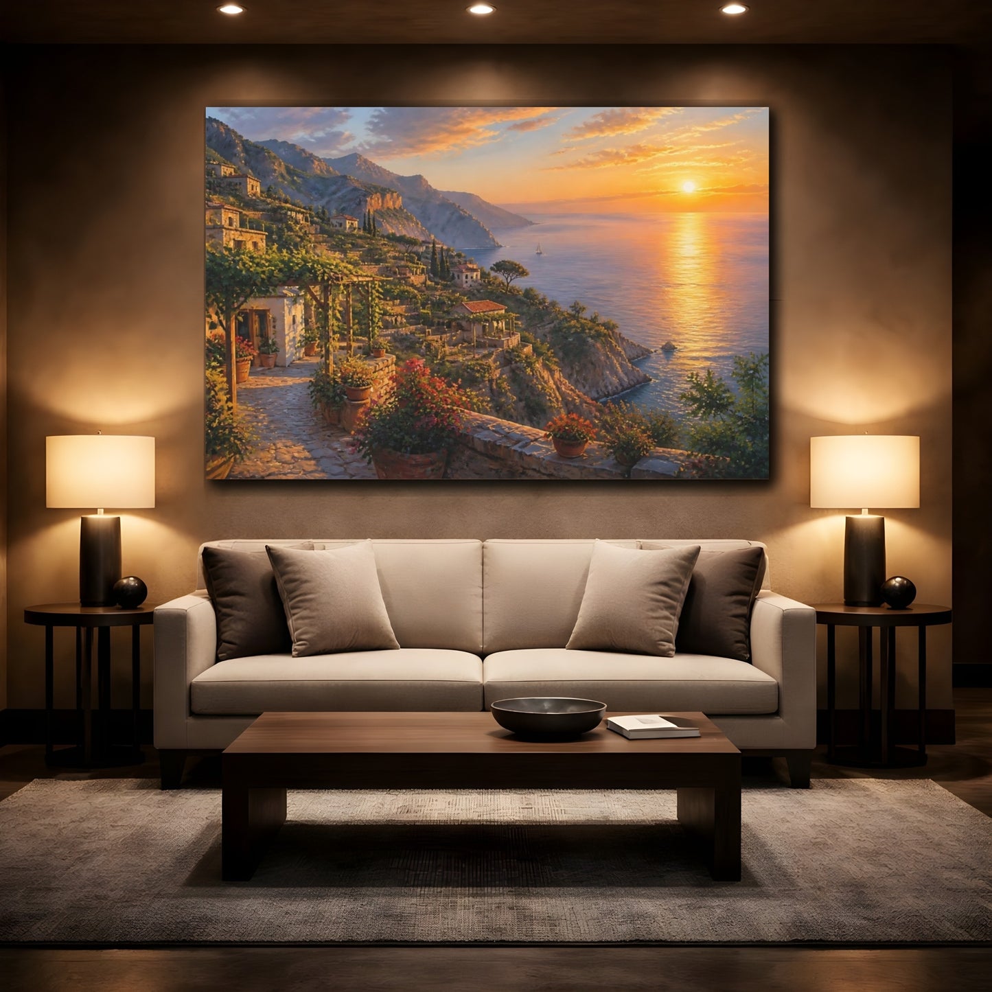 Mockup 2. Mediterranean Sunset Terraces shown as canvas print