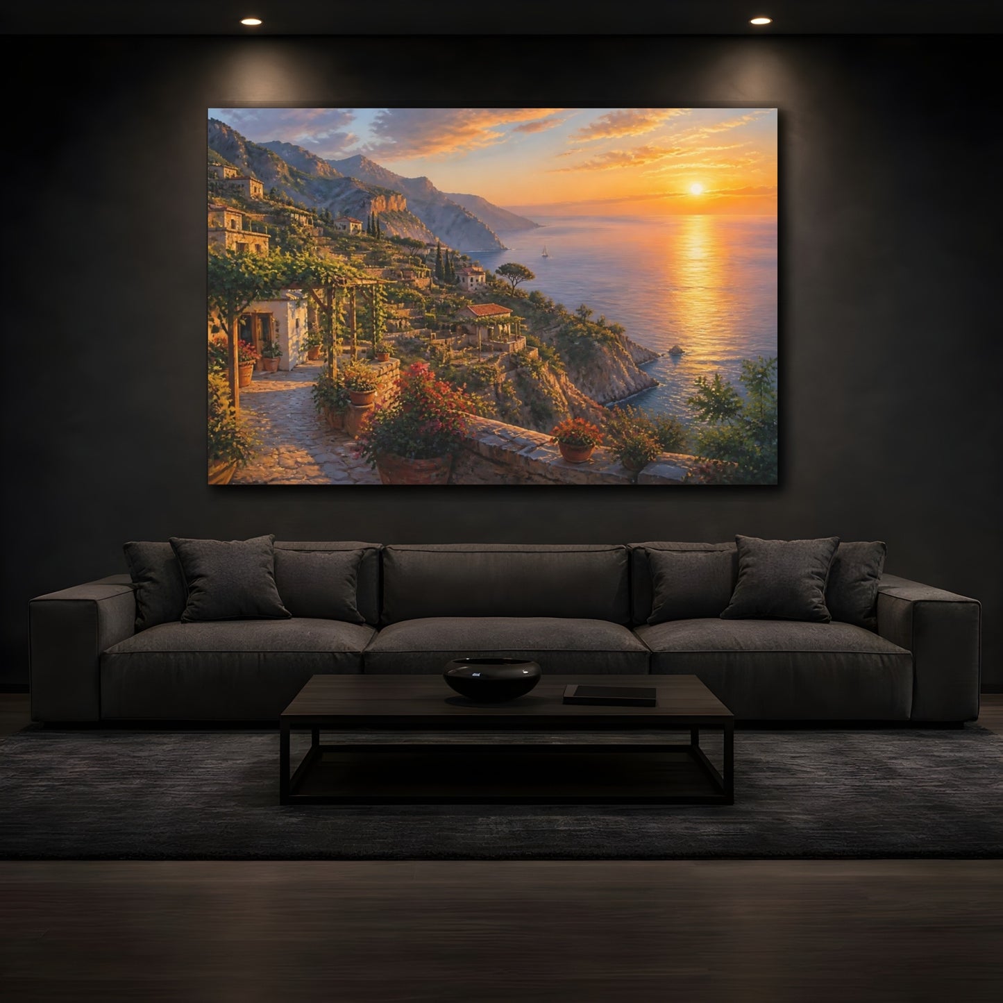 Mockup 3. Mediterranean Sunset Terraces shown as canvas print
