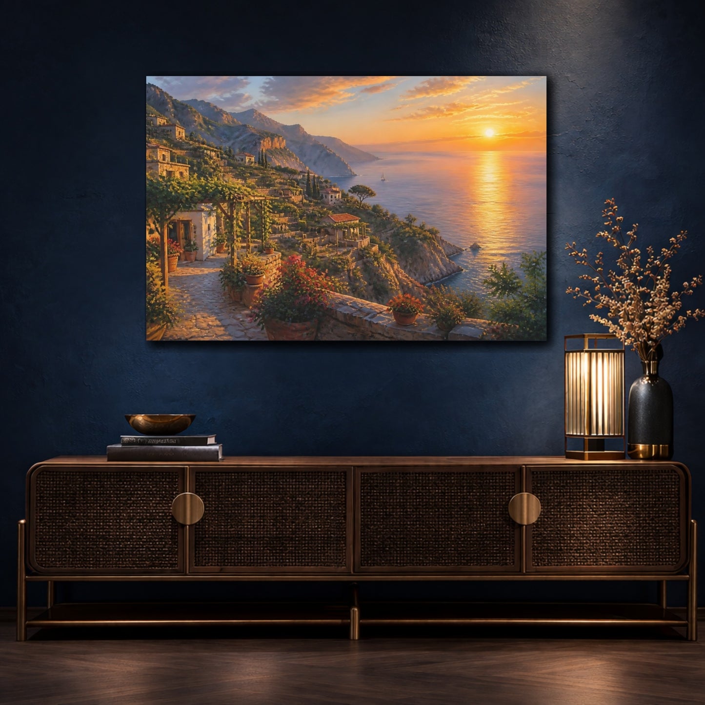 Mockup 4. Mediterranean Sunset Terraces shown as canvas print