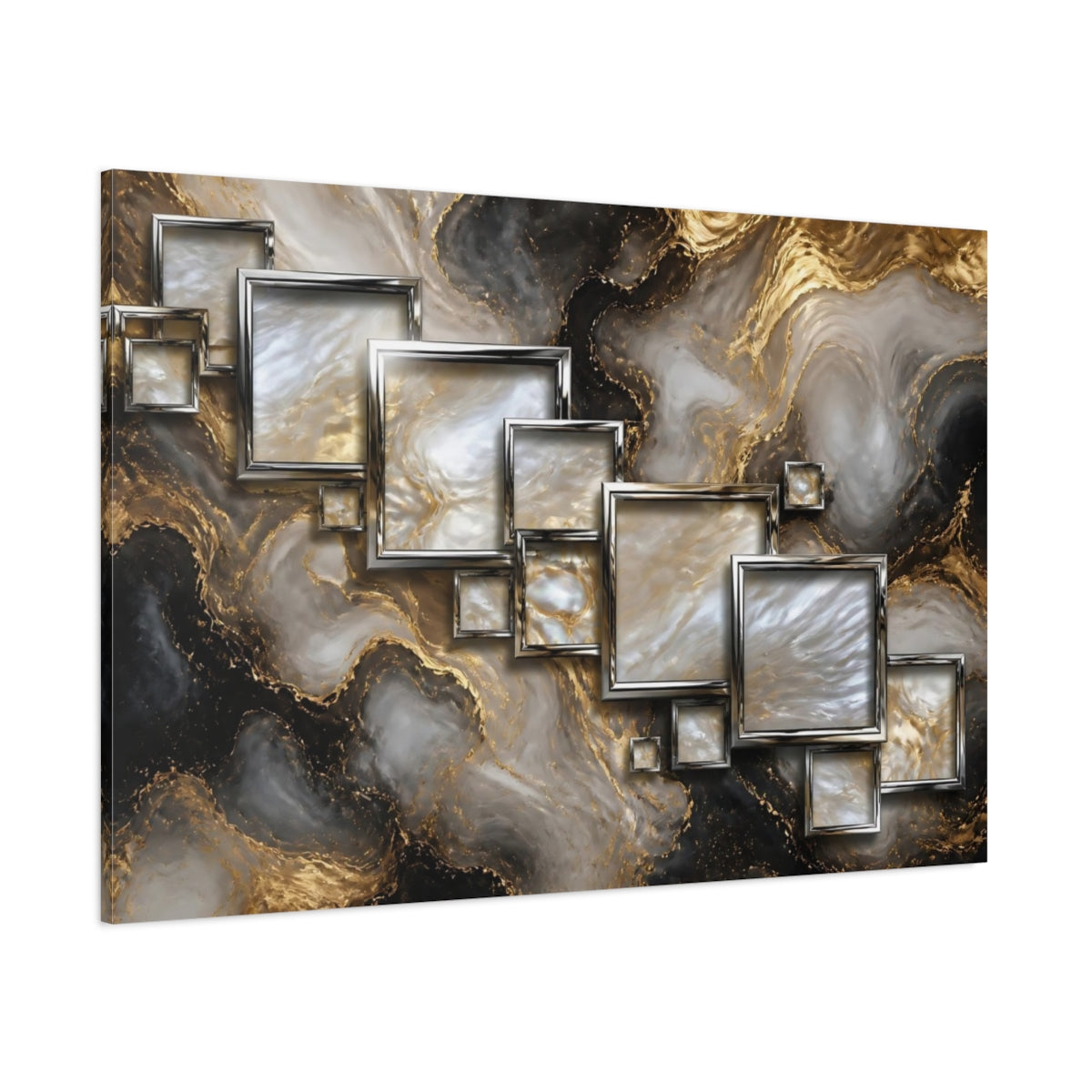 Side Mockup 1. Metallic Square Frames shown as canvas print