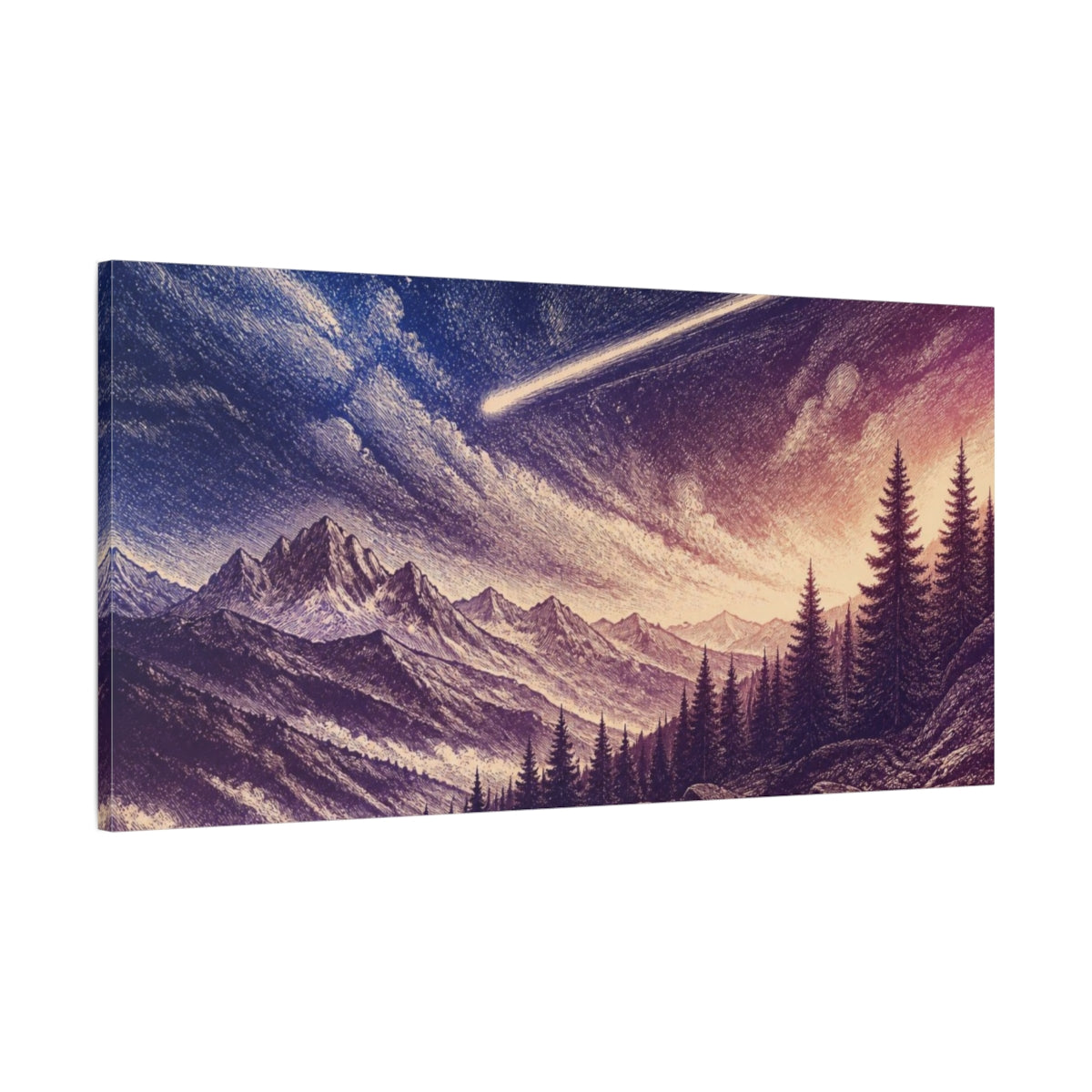 Main Mockup. Meteor Over Alpine Pines shown as canvas print