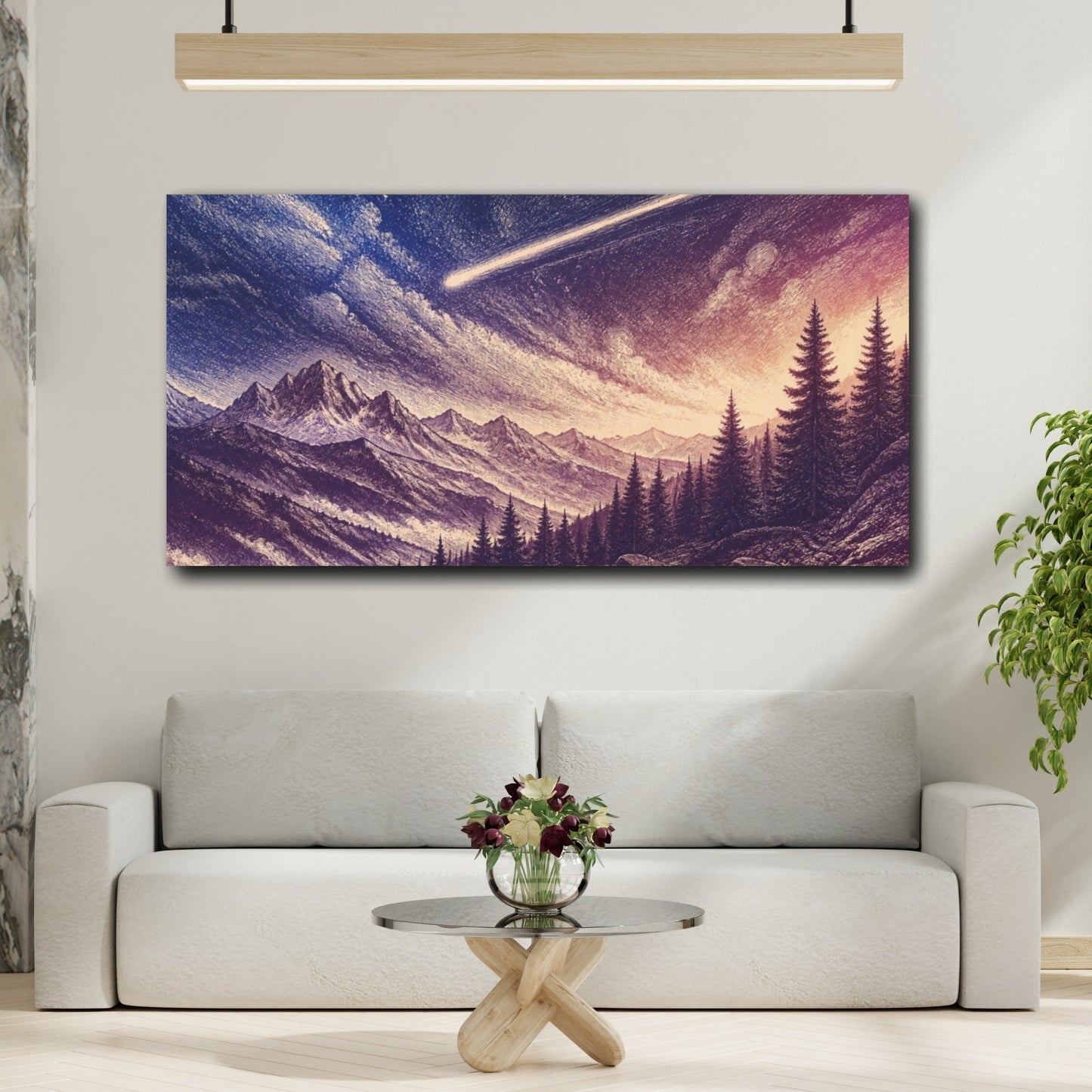 Mockup 2. Meteor Over Alpine Pines shown as canvas print