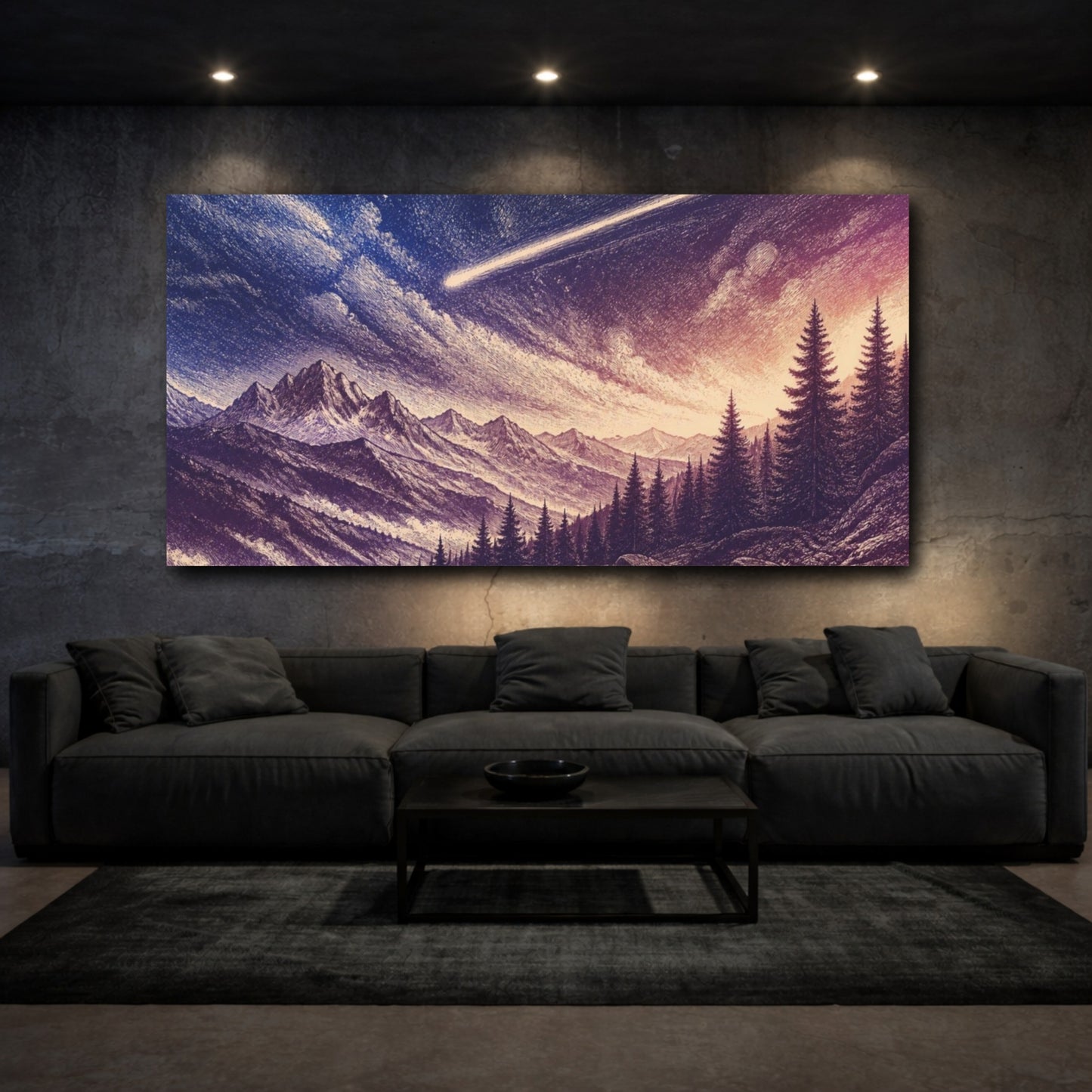 Mockup 3. Meteor Over Alpine Pines shown as canvas print