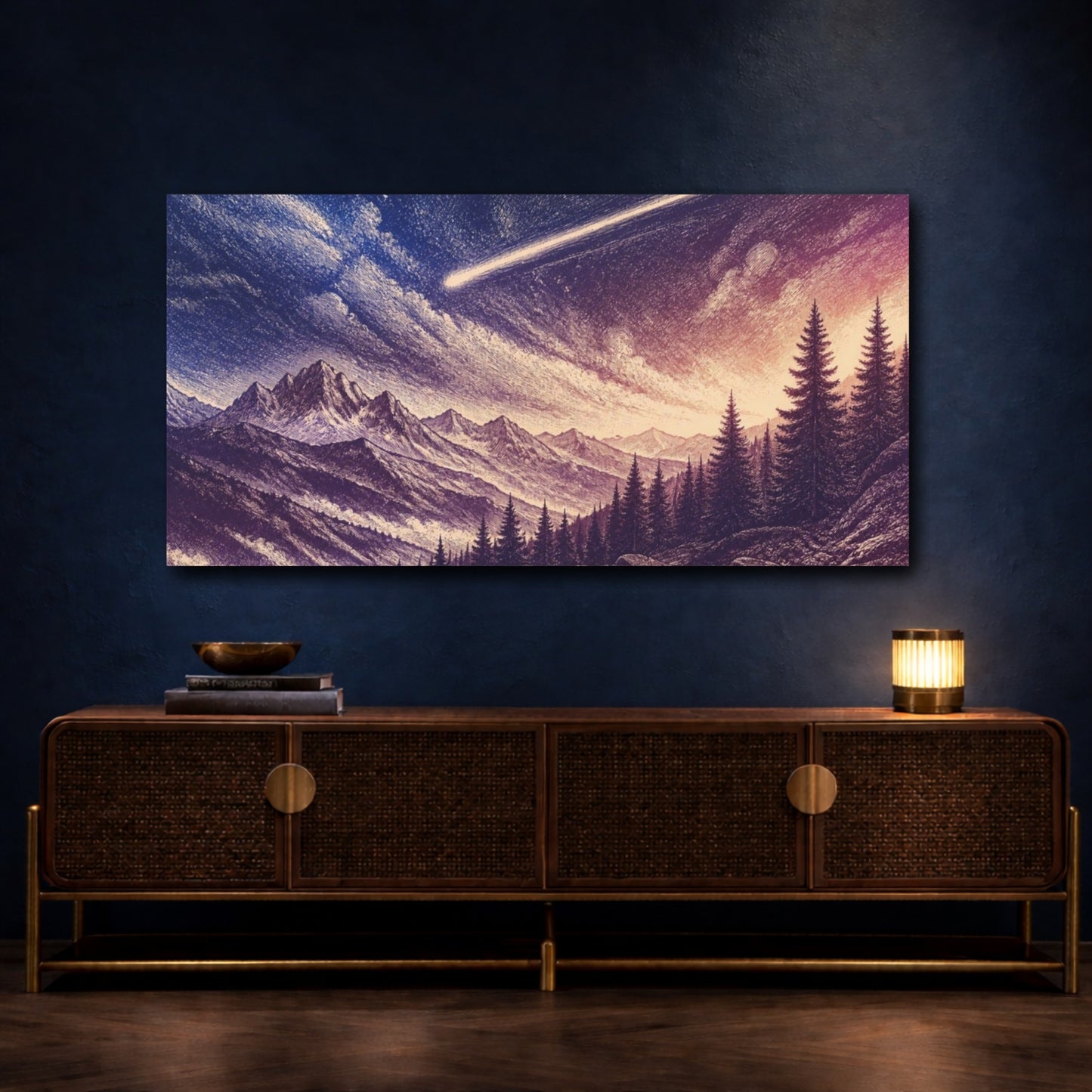 Mockup 4. Meteor Over Alpine Pines shown as canvas print
