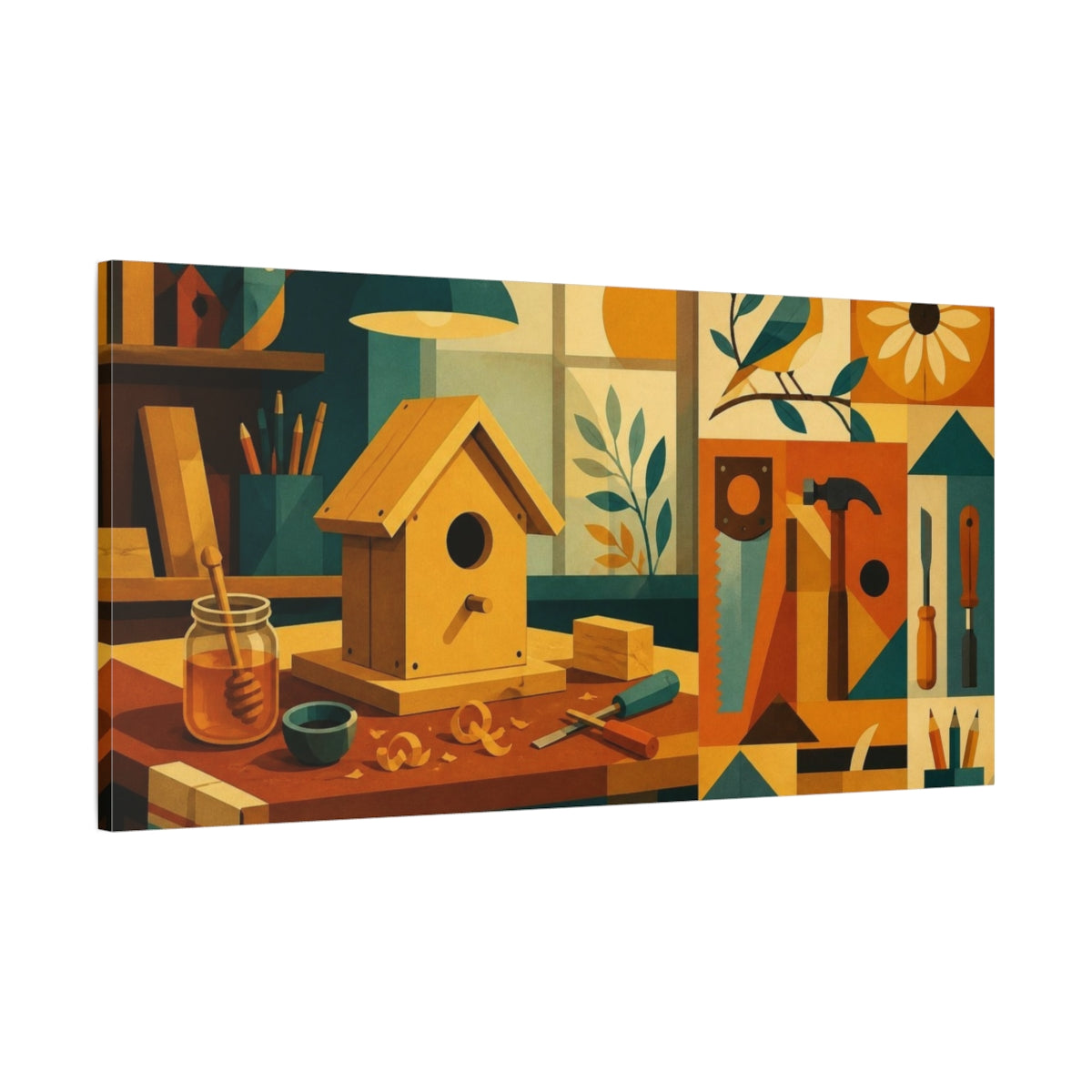 Main Mockup. Mid-Century Birdhouse Bench shown as canvas print