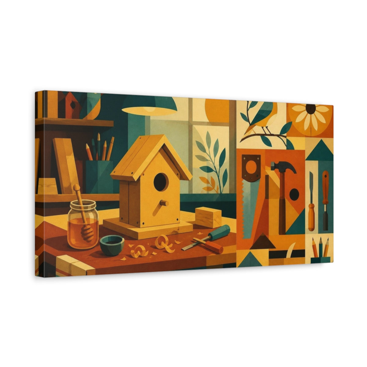 Side Mockup 3. Mid-Century Birdhouse Bench shown as canvas print