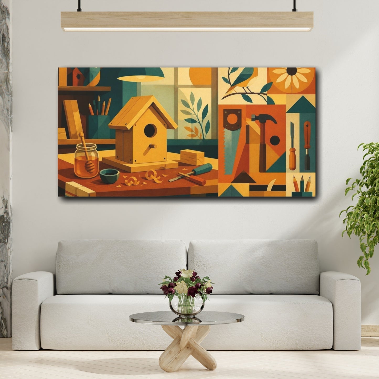 Mockup 2. Mid-Century Birdhouse Bench shown as canvas print