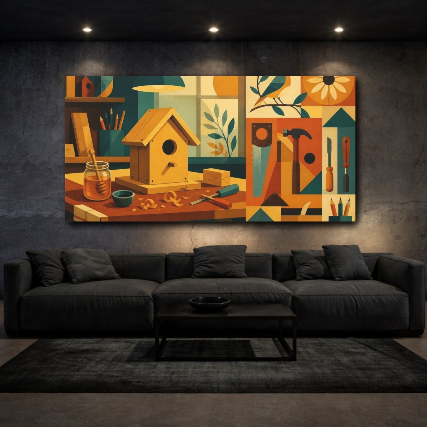 Mockup 3. Mid-Century Birdhouse Bench shown as canvas print