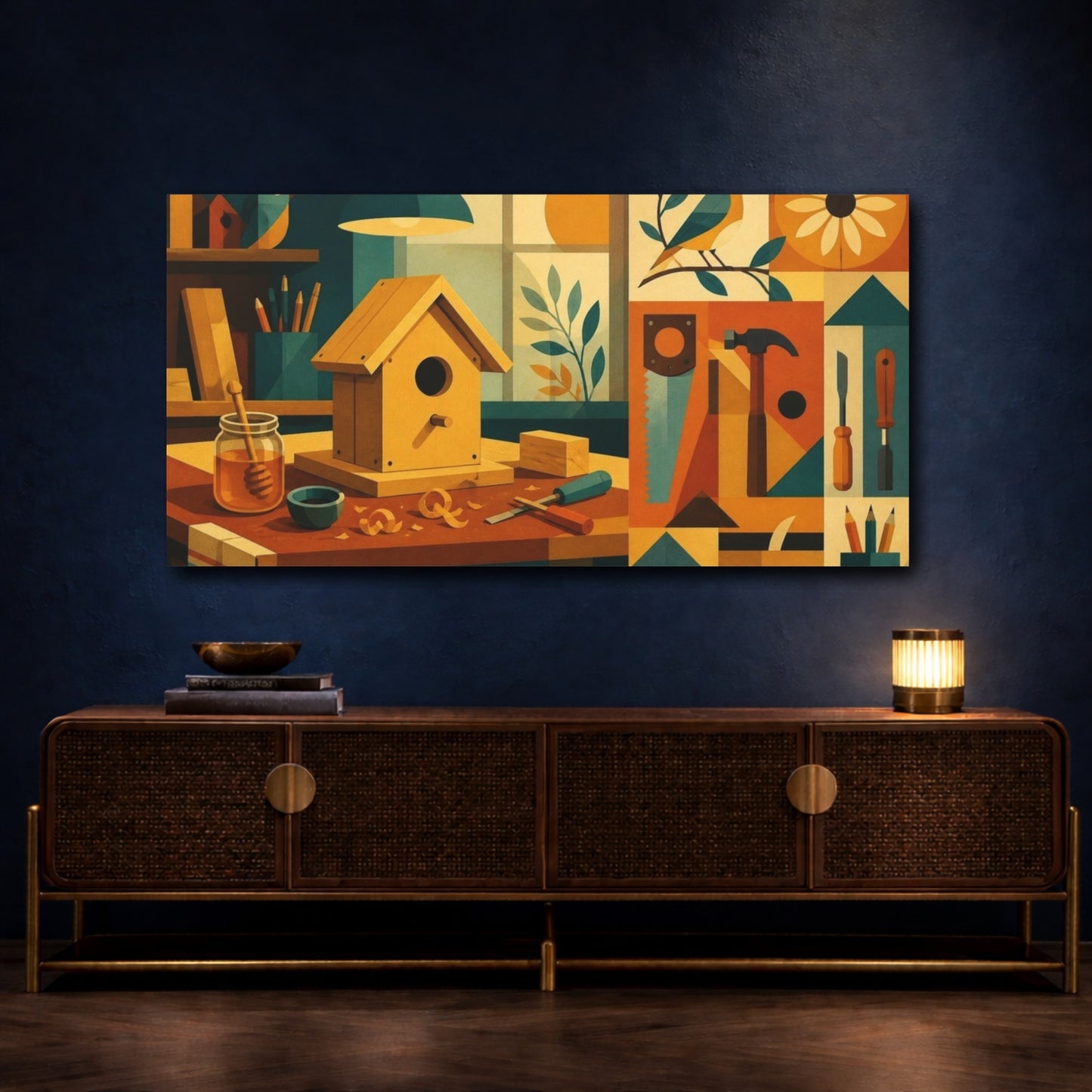 Mockup 4. Mid-Century Birdhouse Bench shown as canvas print
