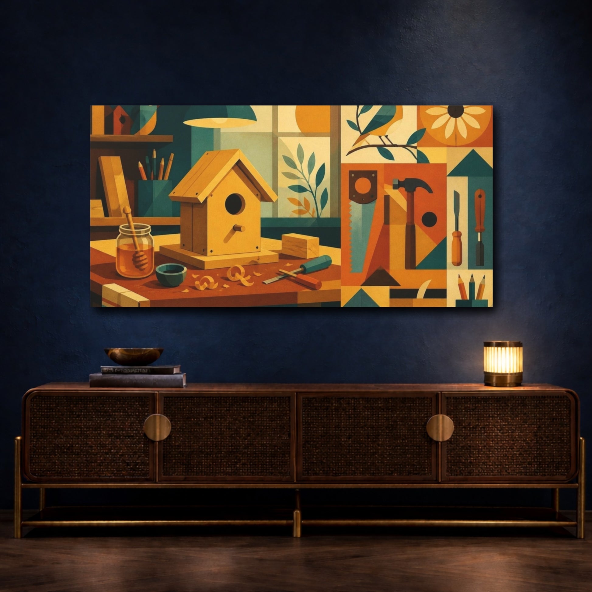 Mockup 4. Mid-Century Birdhouse Bench shown as canvas print