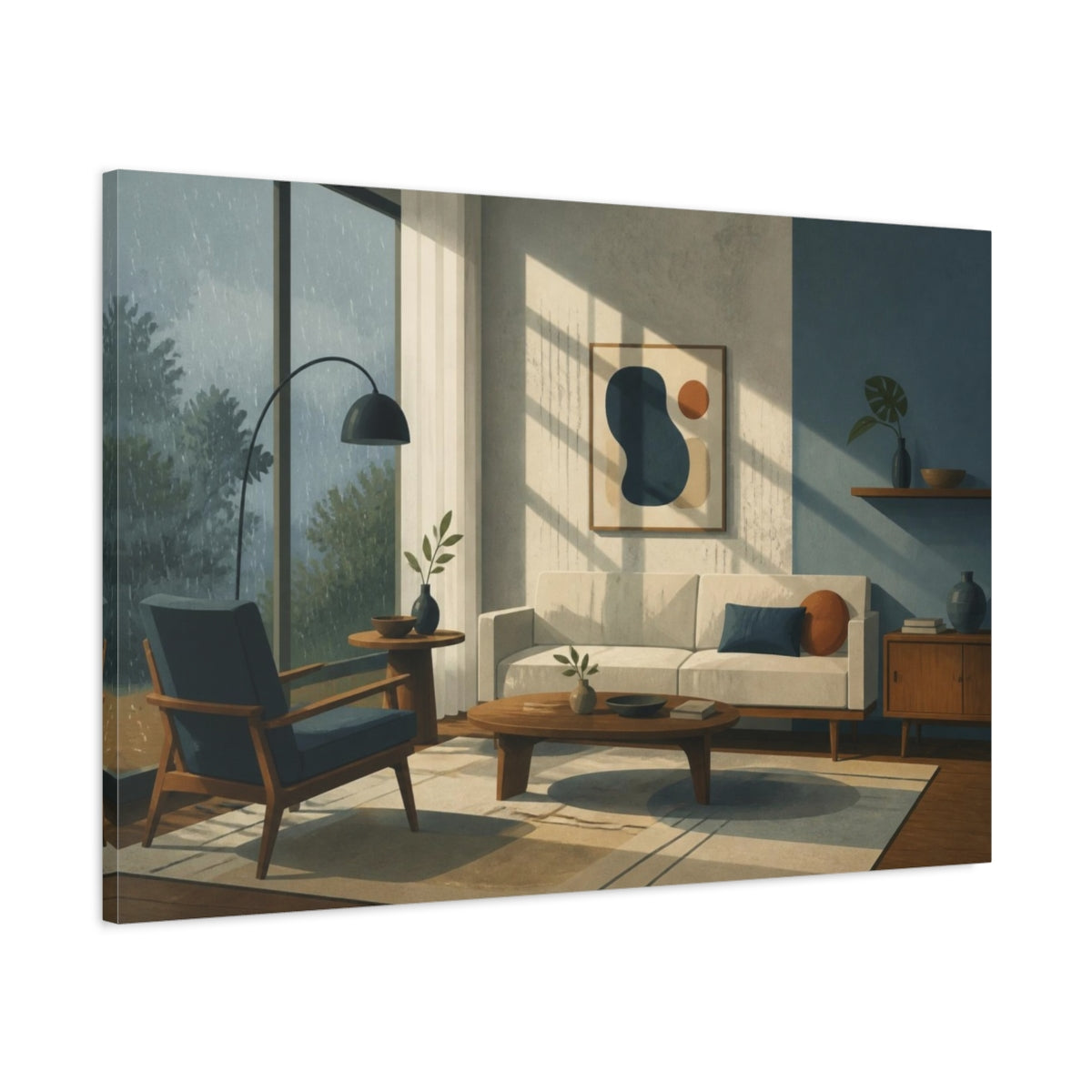 Main Mockup. Mid-Century Living Room Sofa shown as canvas print