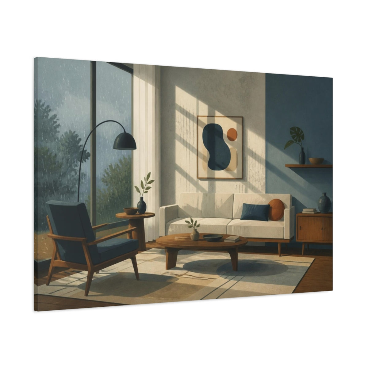 Side Mockup 1. Mid-Century Living Room Sofa shown as canvas print