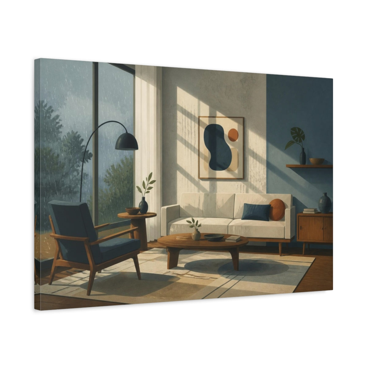 Side Mockup 2. Mid-Century Living Room Sofa shown as canvas print