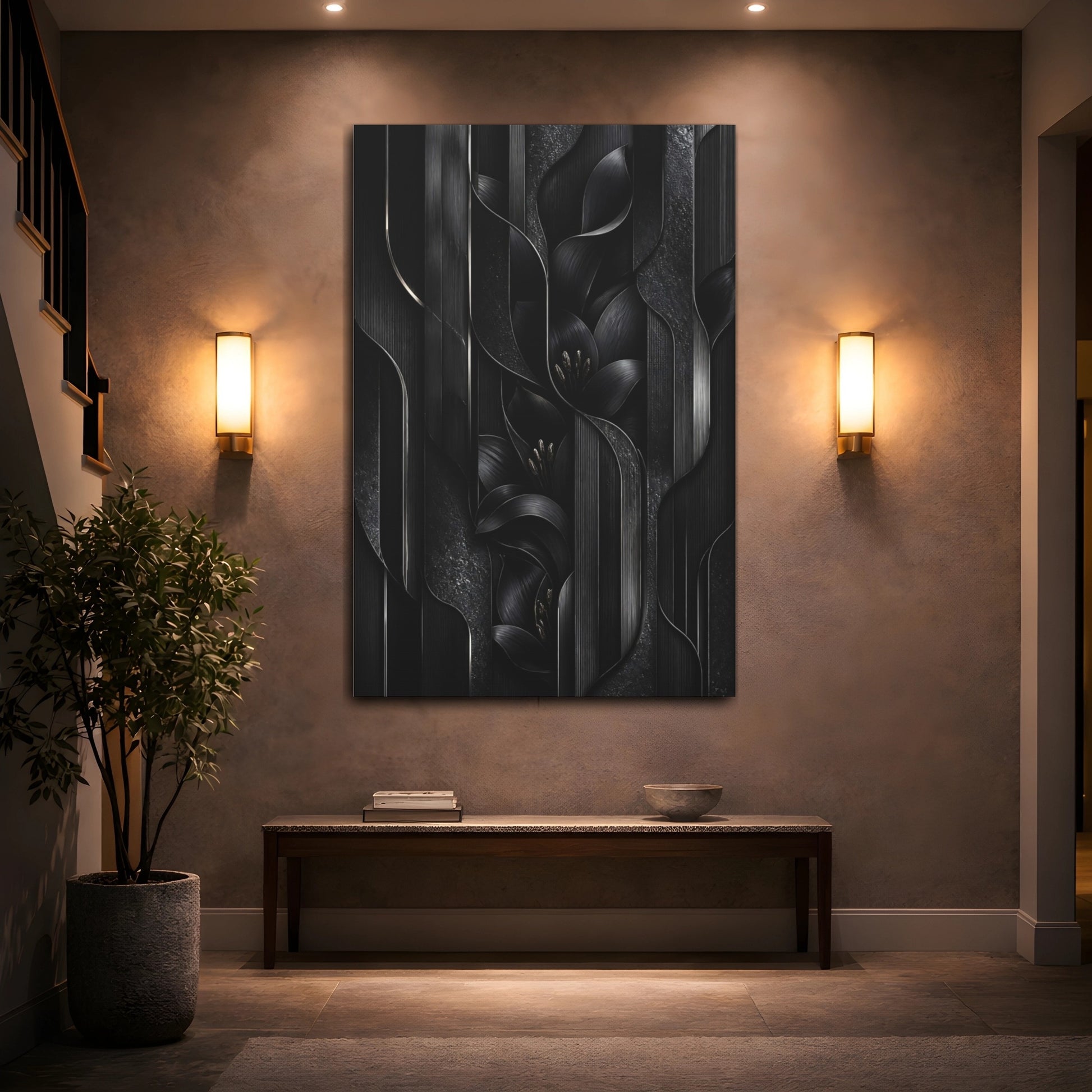 Mockup 2. Midnight Black Lily Panels shown as canvas print